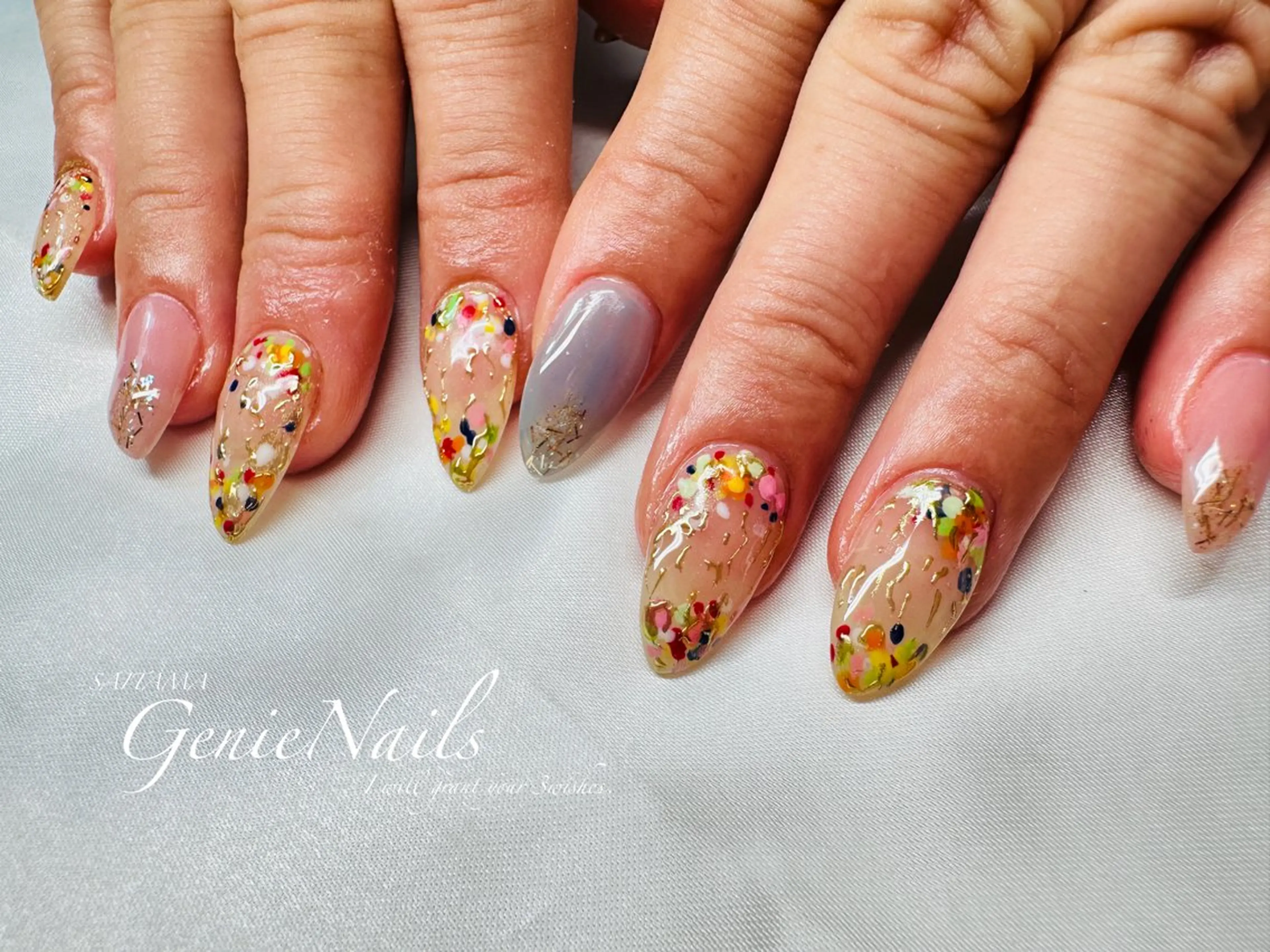 メンズ ネイル アートネイル 長さ出し 氷ネイル・うるうるネイル ロングネイル 持ち込み Genie Nailsのネイルデザイン