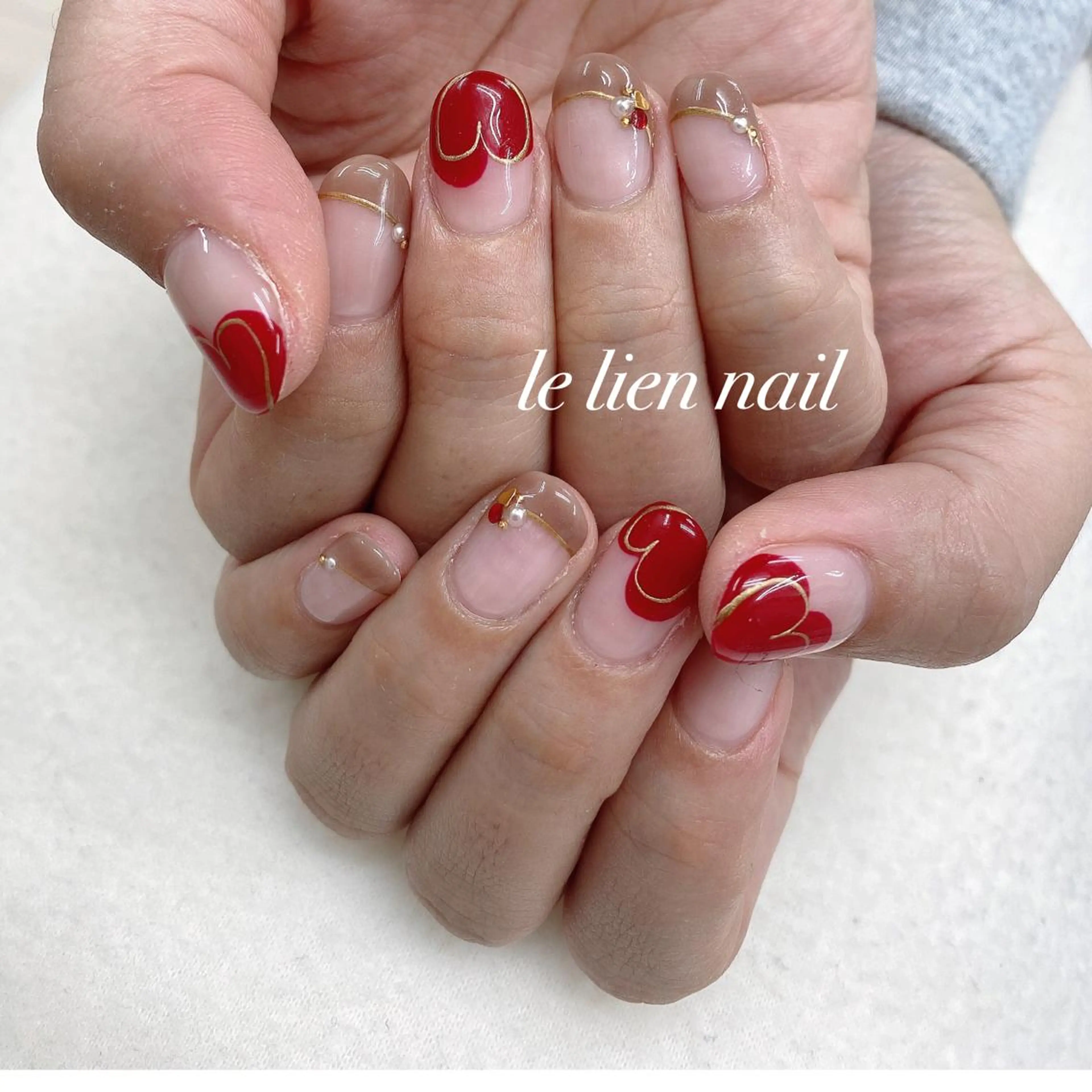ネイル アートネイル フレンチネイル ハート バレンタイン ハンドネイル le lien nailのネイルデザイン