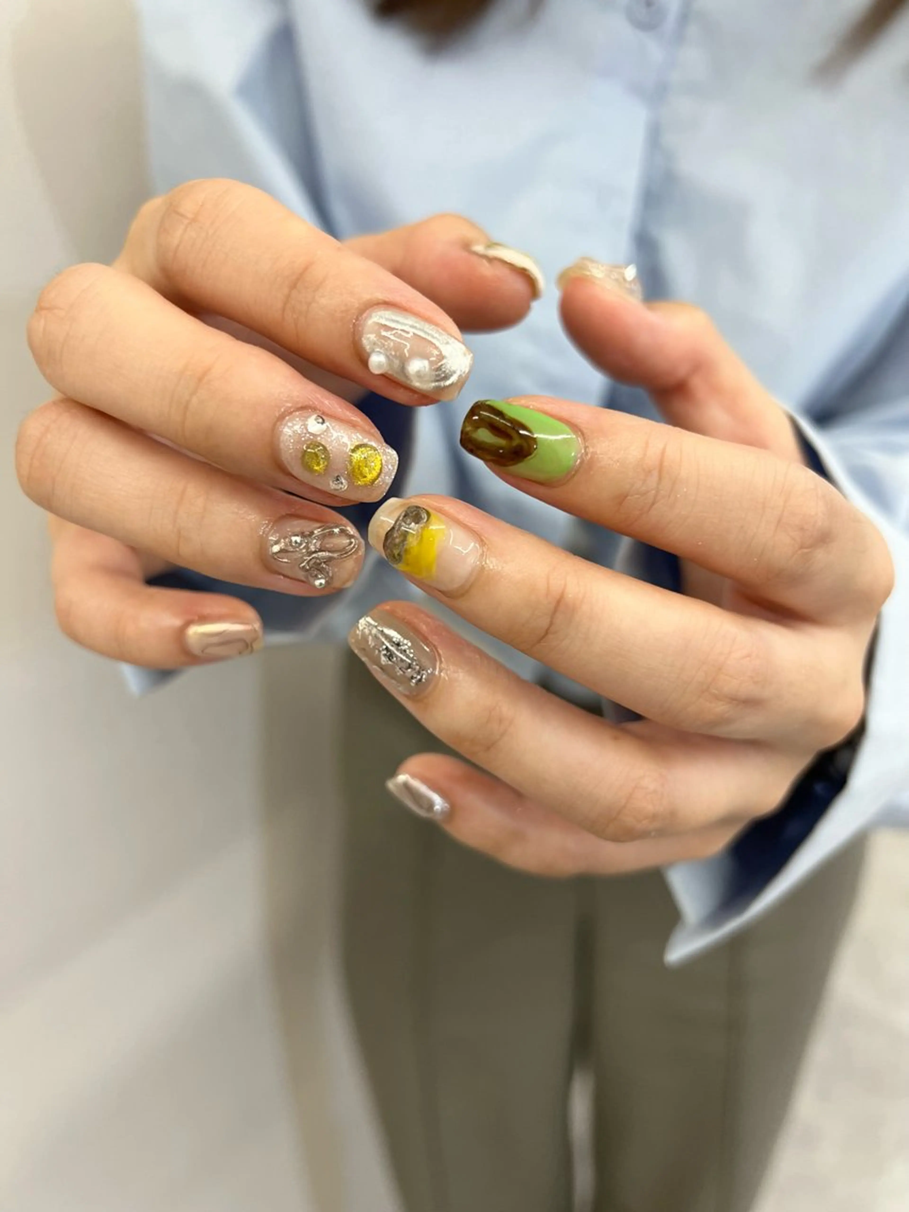 ネイル アートネイル ジェルネイル グリーン 韓国ネイル パラジェル ハンドネイル ハンドケア Bana_ Nailのネイルデザイン