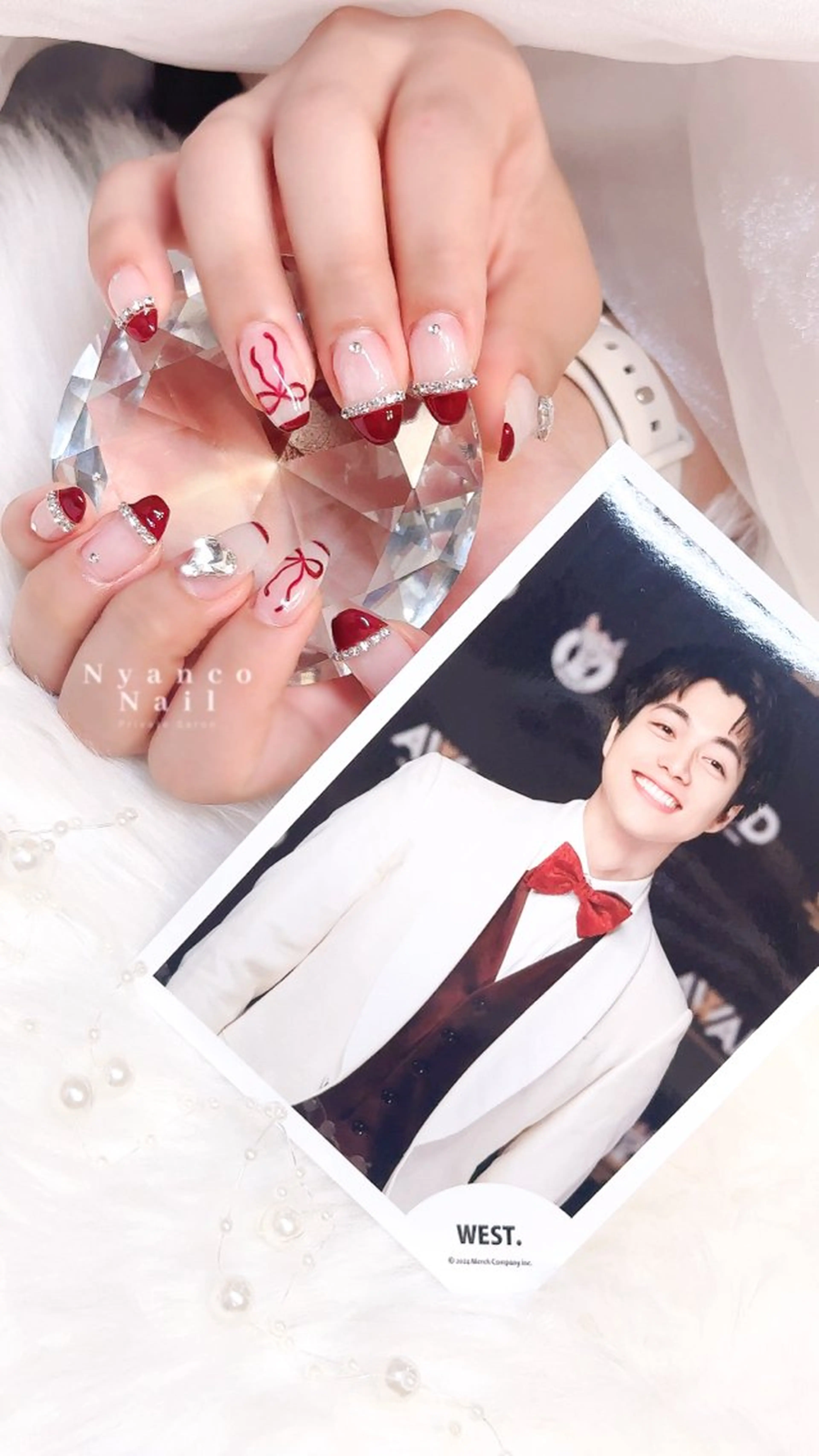 ネイル フレンチネイル ジェルネイル 氷ネイル・うるうるネイル キラキラネイル 赤色 Nyanco Nailのネイルデザイン