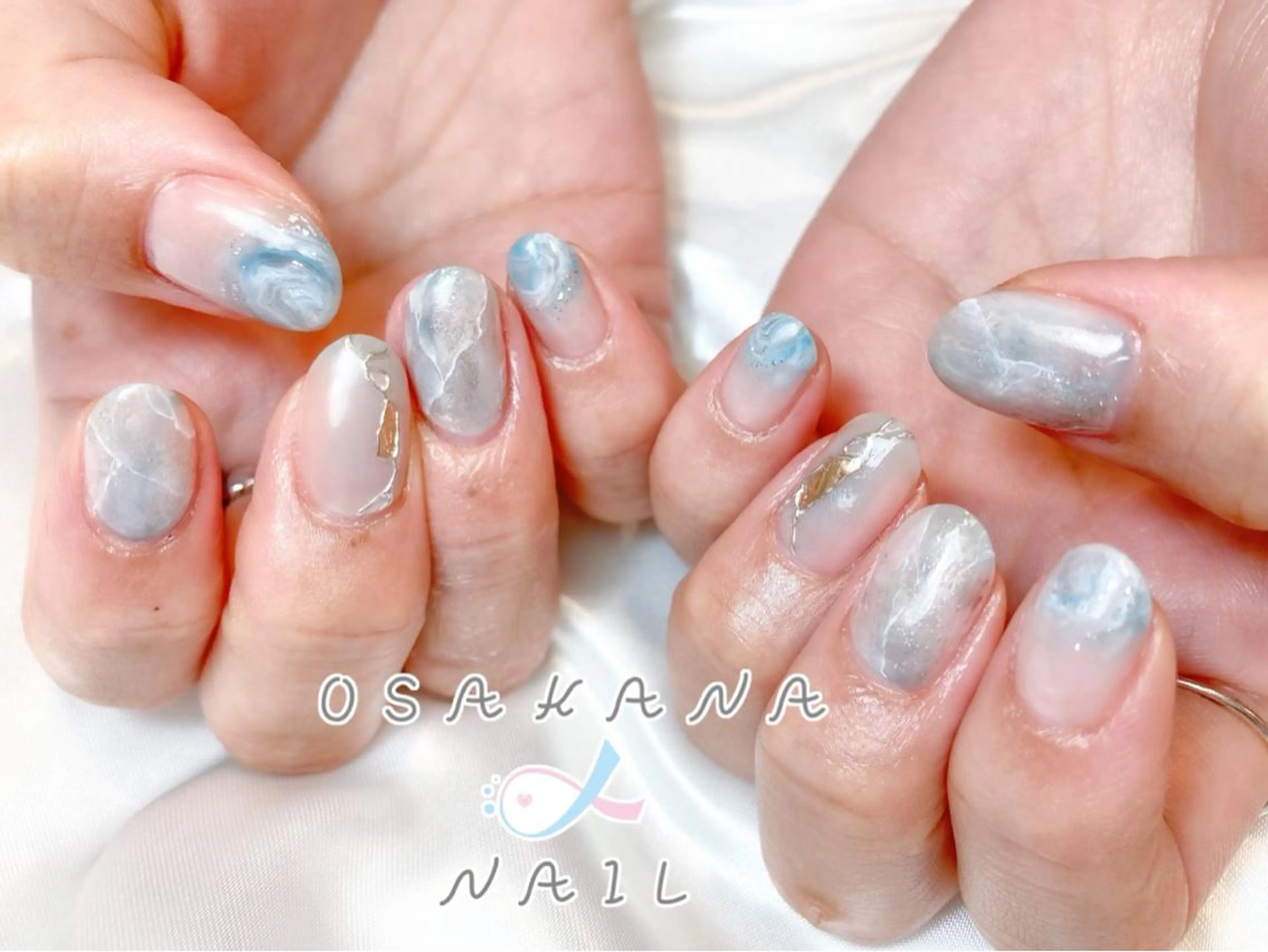 ネイル アートネイル ブルー 大理石ネイル(マーブル) ニュアンスネイル ハンドネイル OSAKNA NAIL しおん🐠のネイルデザイン