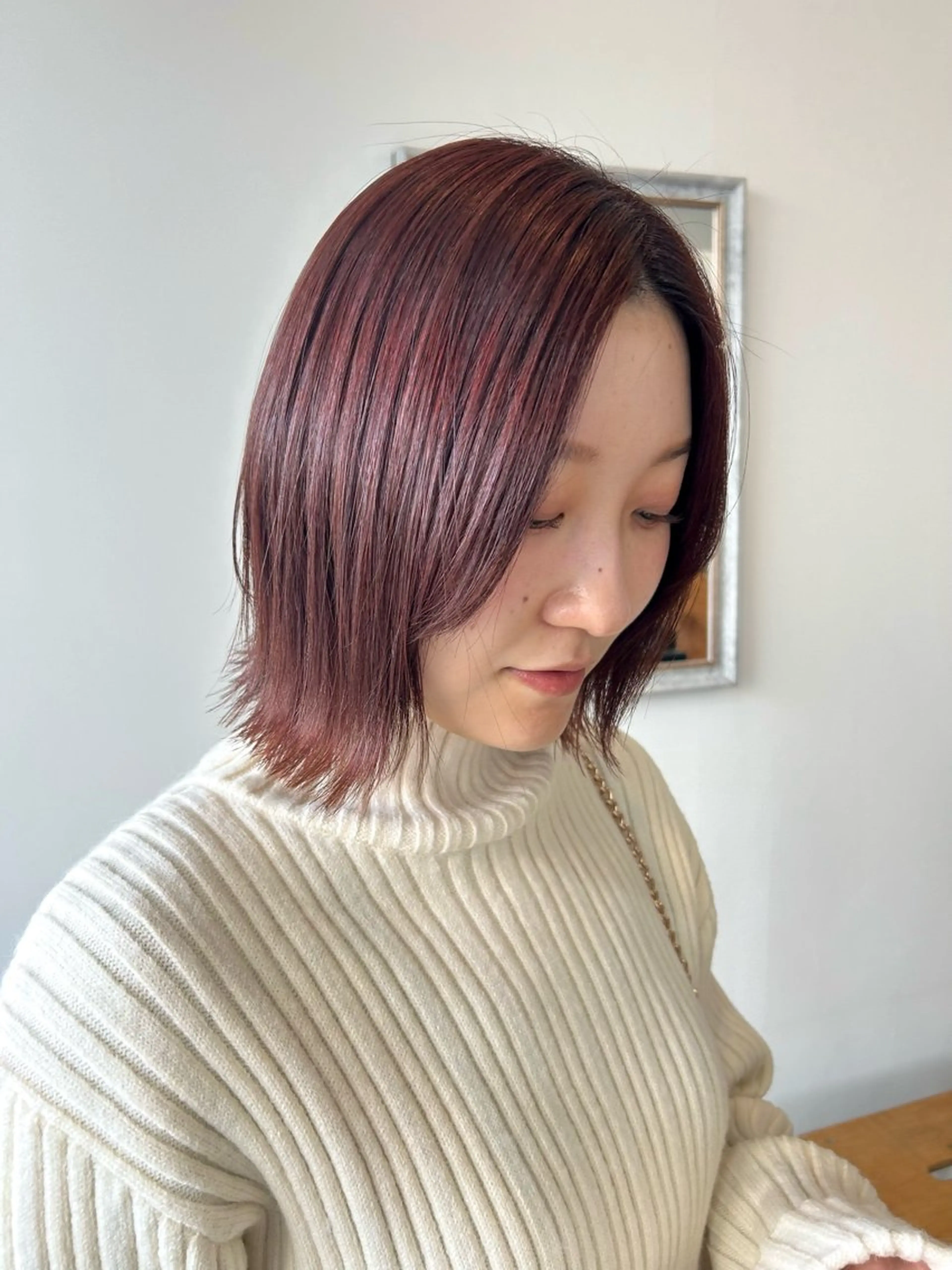 ショート カラー ボブレイヤー オレンジ ピンクカラー ボブ レイヤーカット ヘアカラー トリートメント plus HAIR いずみのヘアスタイル