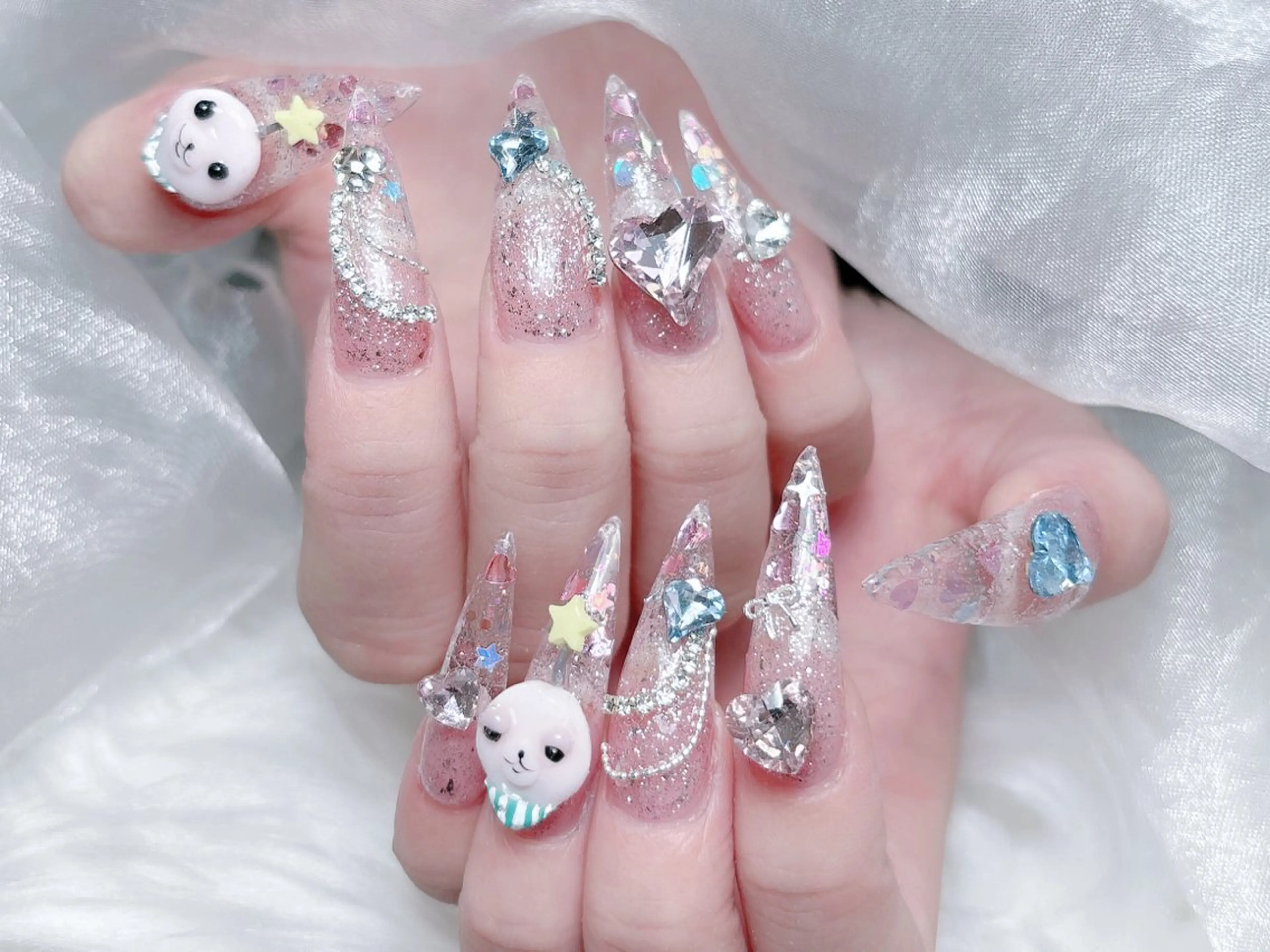 ネイル 成人式 ロングネイル マグネットネイル 大理石ネイル(マーブル) リボン ハンドネイル MoMoA Nail ネイル長さ出し専門店のネイルデザイン