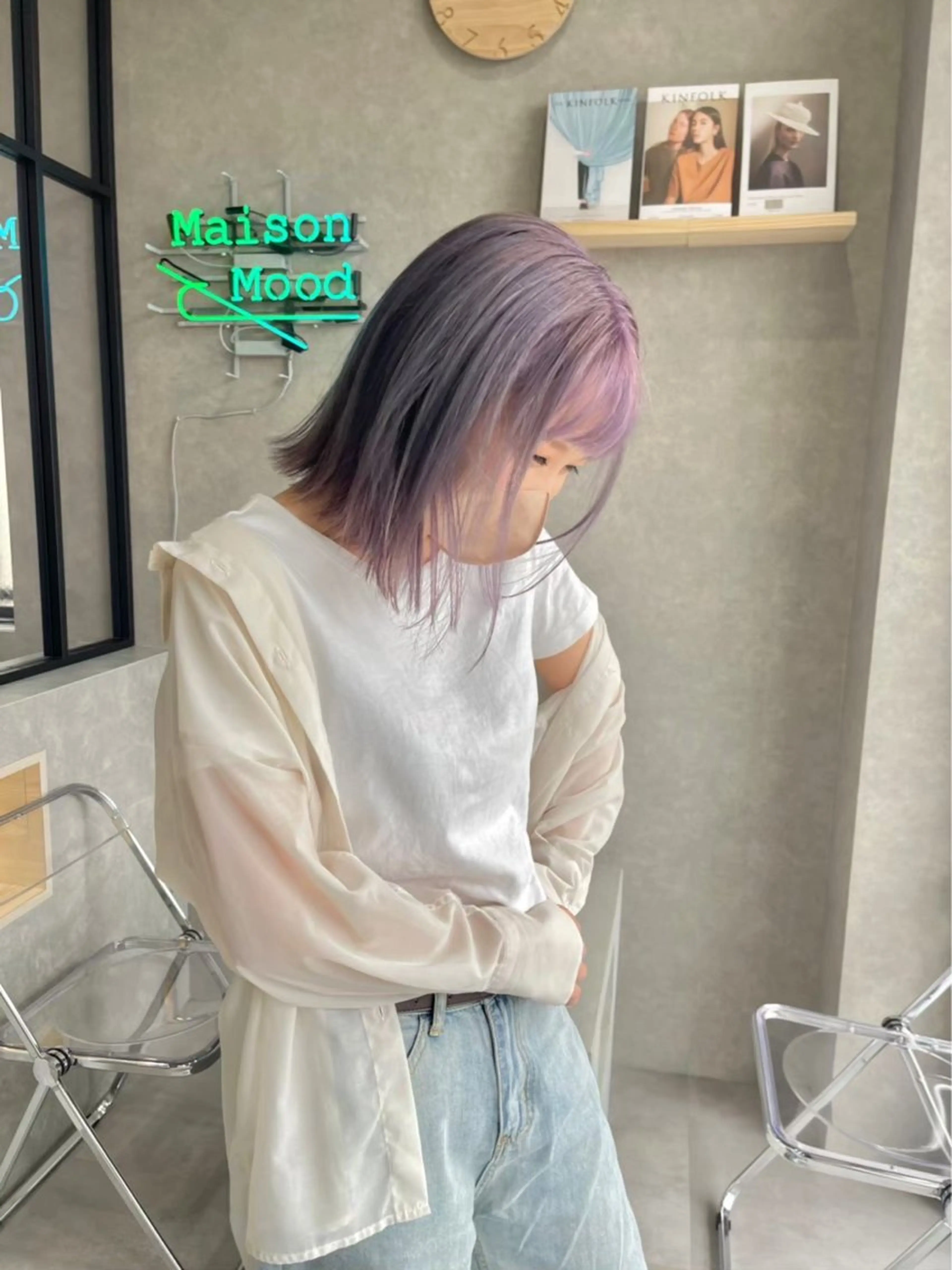 ミディアム カラー アッシュ ミストバング ベージュカラー ブリーチ デザインカラー 長谷川 湧のヘアスタイル