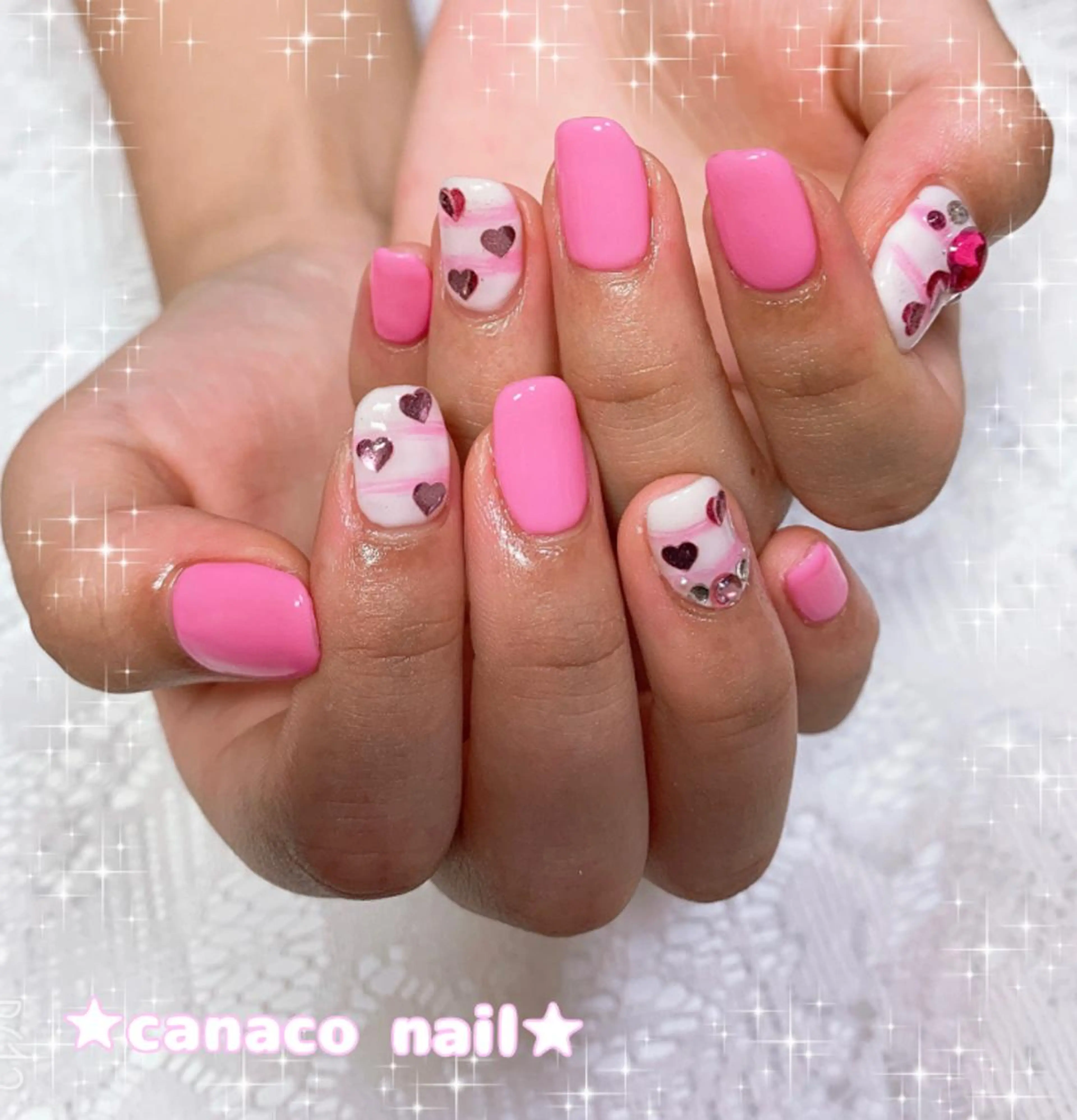 ネイル ボーダー ミラーネイル ピンク ハンドネイル ハンドケア Felice所属・ベテランネイル cnc  nailのネイルデザイン