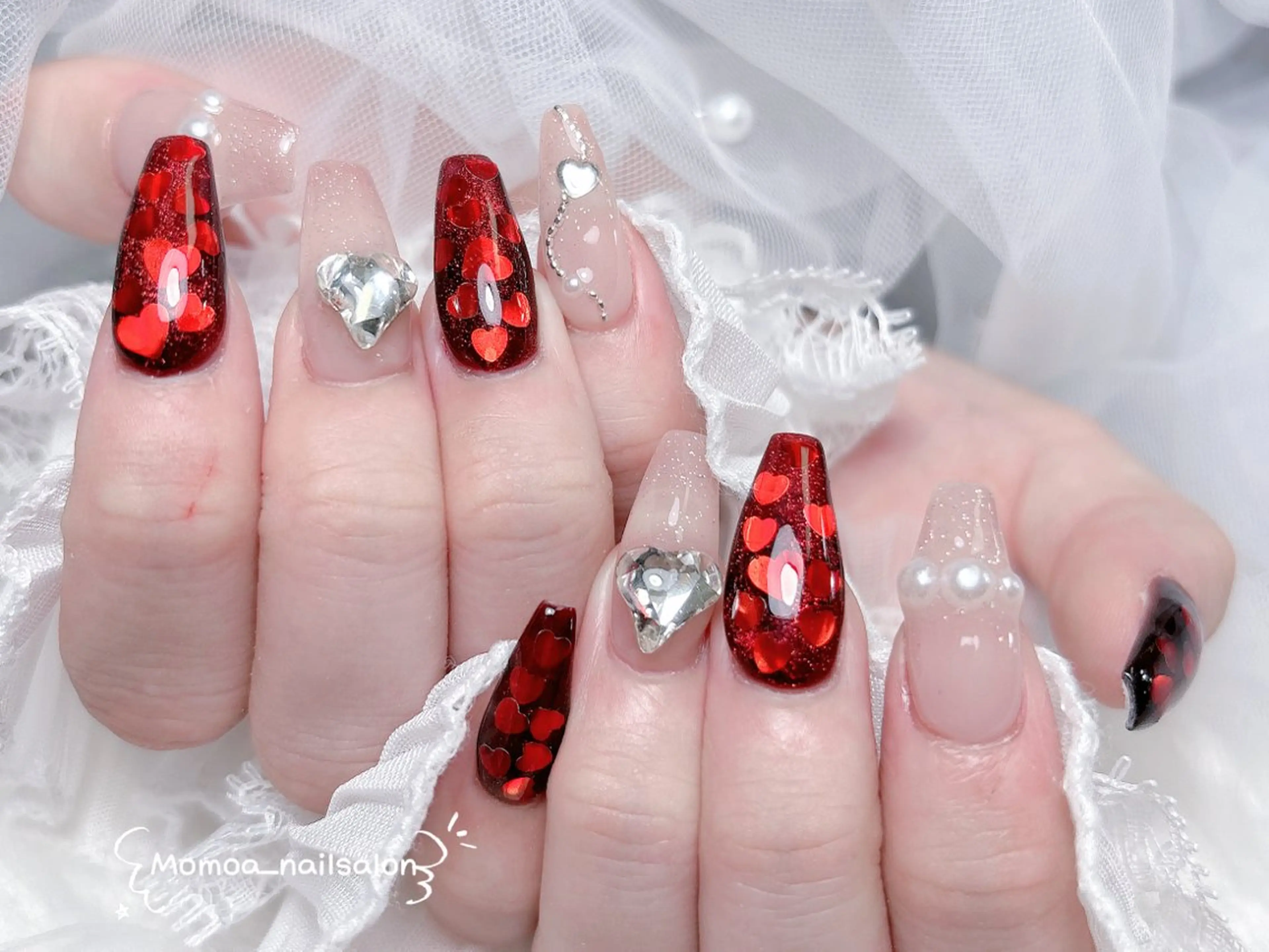 ネイル 成人式 ロングネイル マグネットネイル 大理石ネイル(マーブル) 持ち込み ハンドネイル MoMoA Nail ネイル長さ出し専門店のネイルデザイン