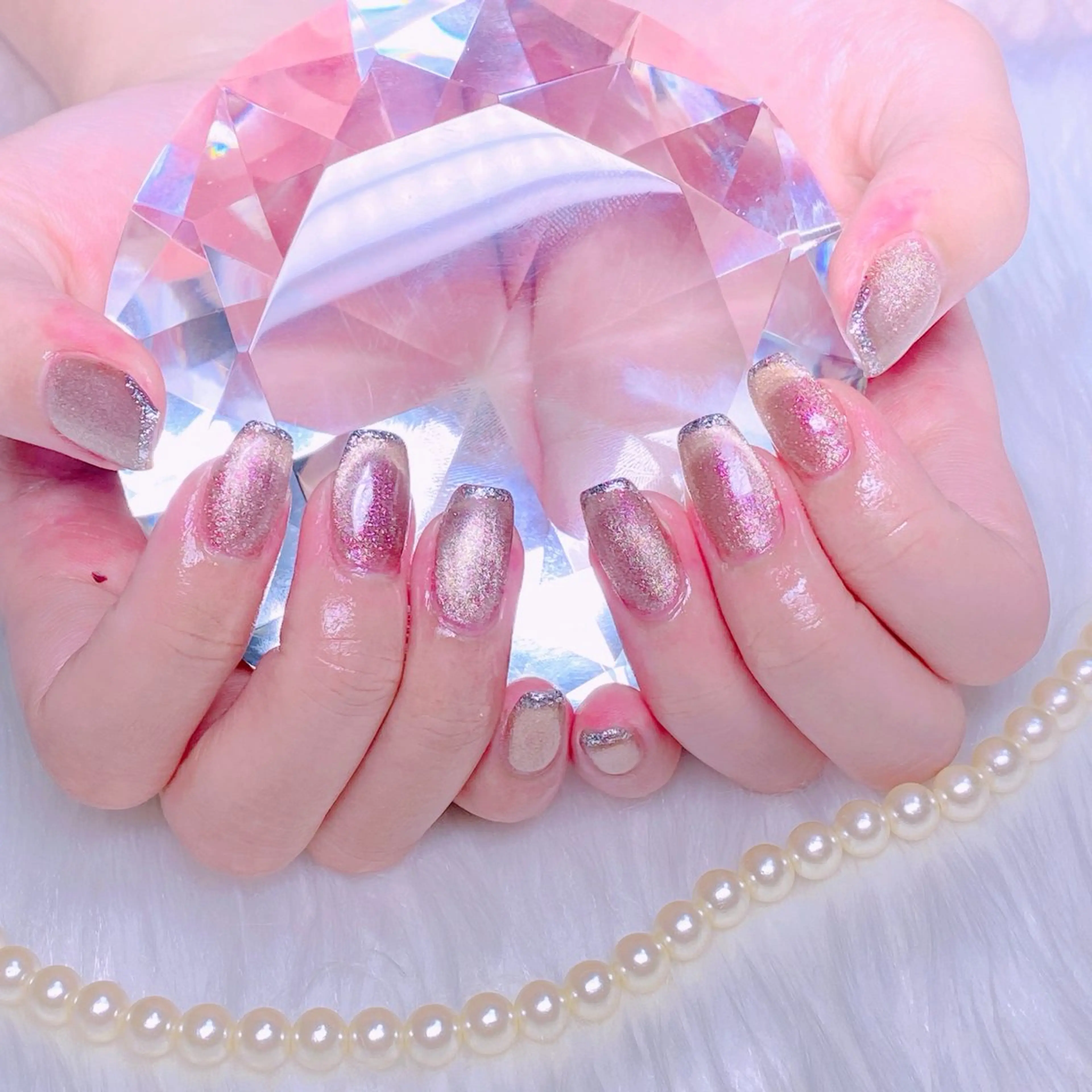 ネイル フレンチネイル キラキラネイル マグネットネイル ニュアンスネイル スクエアネイル Nail Yunaのネイルデザイン