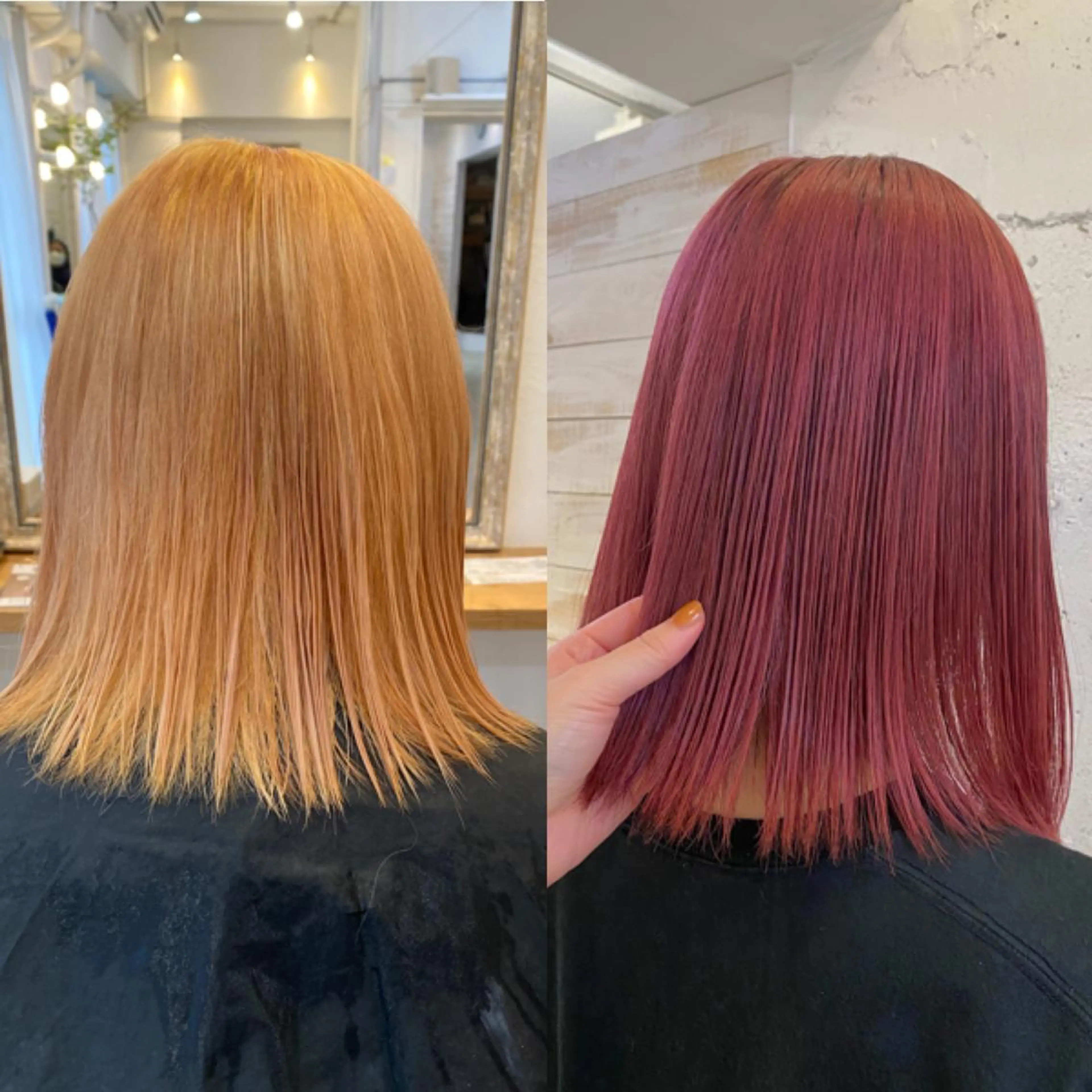ミディアム カラー ブリーチ ピンクカラー ブリーチなしカラー レイヤーカットのヘアスタイル