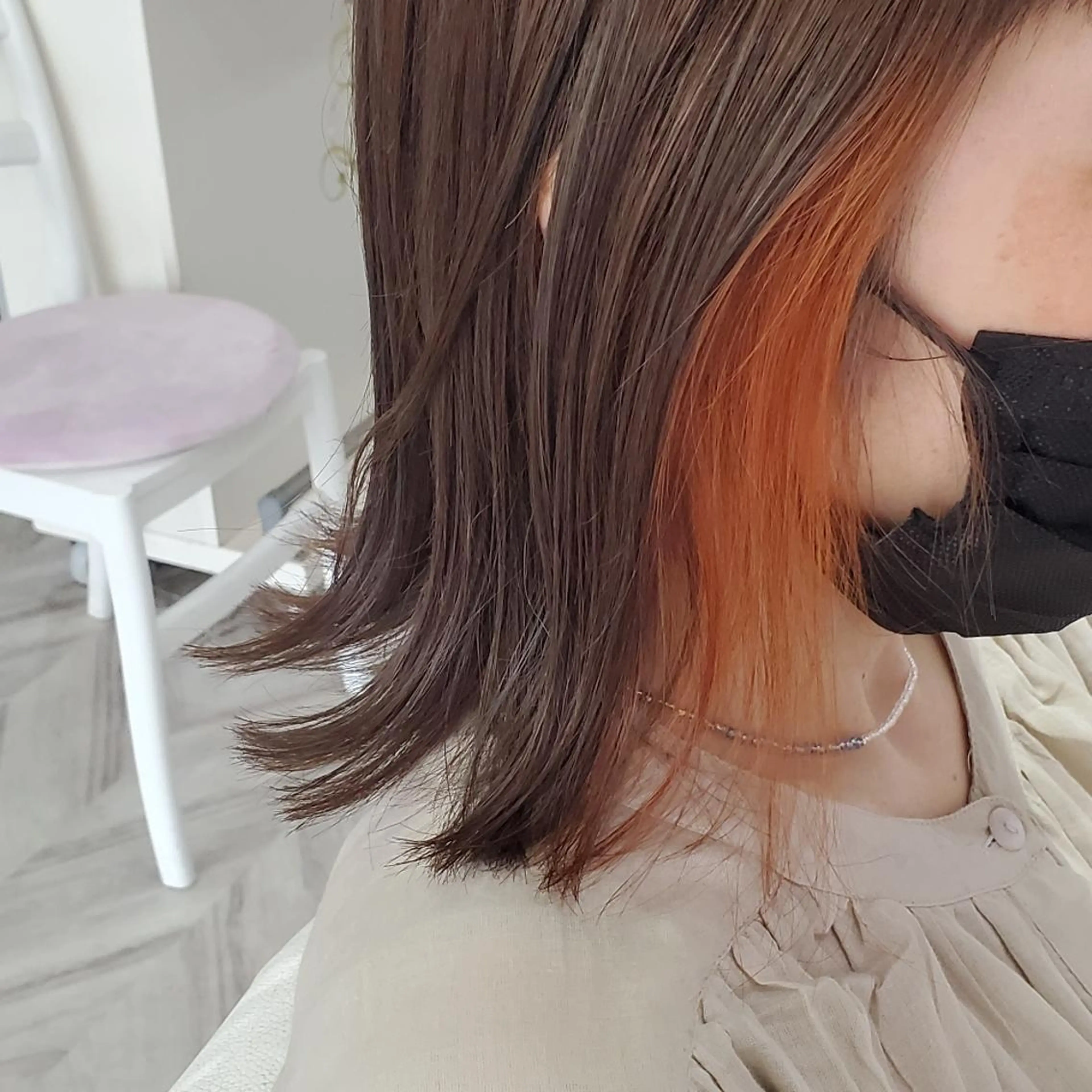 ミディアム カラー ヘアアレンジ アッシュ ベージュカラー オレンジ ナカシマ  アユミのヘアスタイル