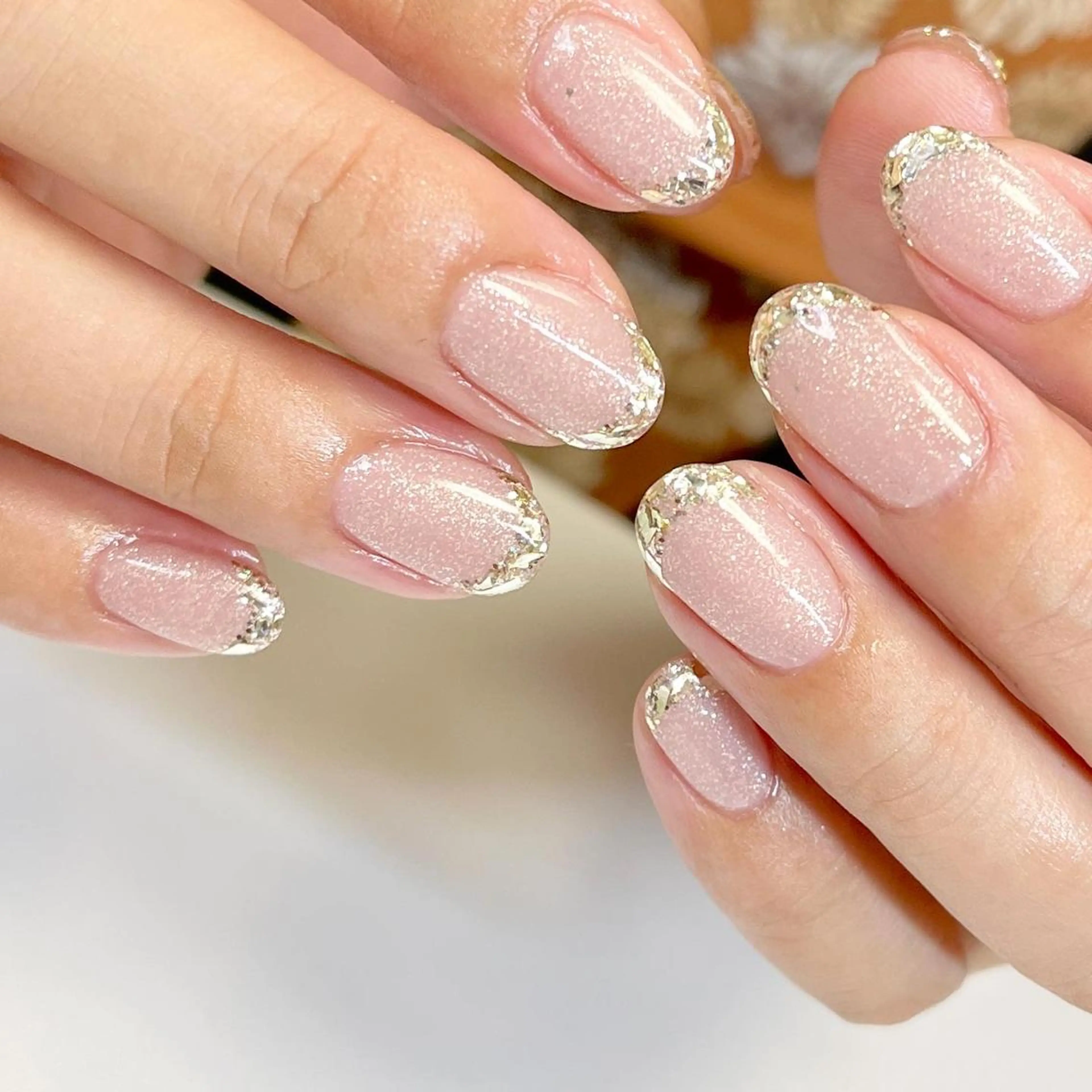 ネイル フレンチネイル ガラスフレンチ キラキラネイル ラメ(グリッター) ハンドネイル Nail Rinonのネイルデザイン