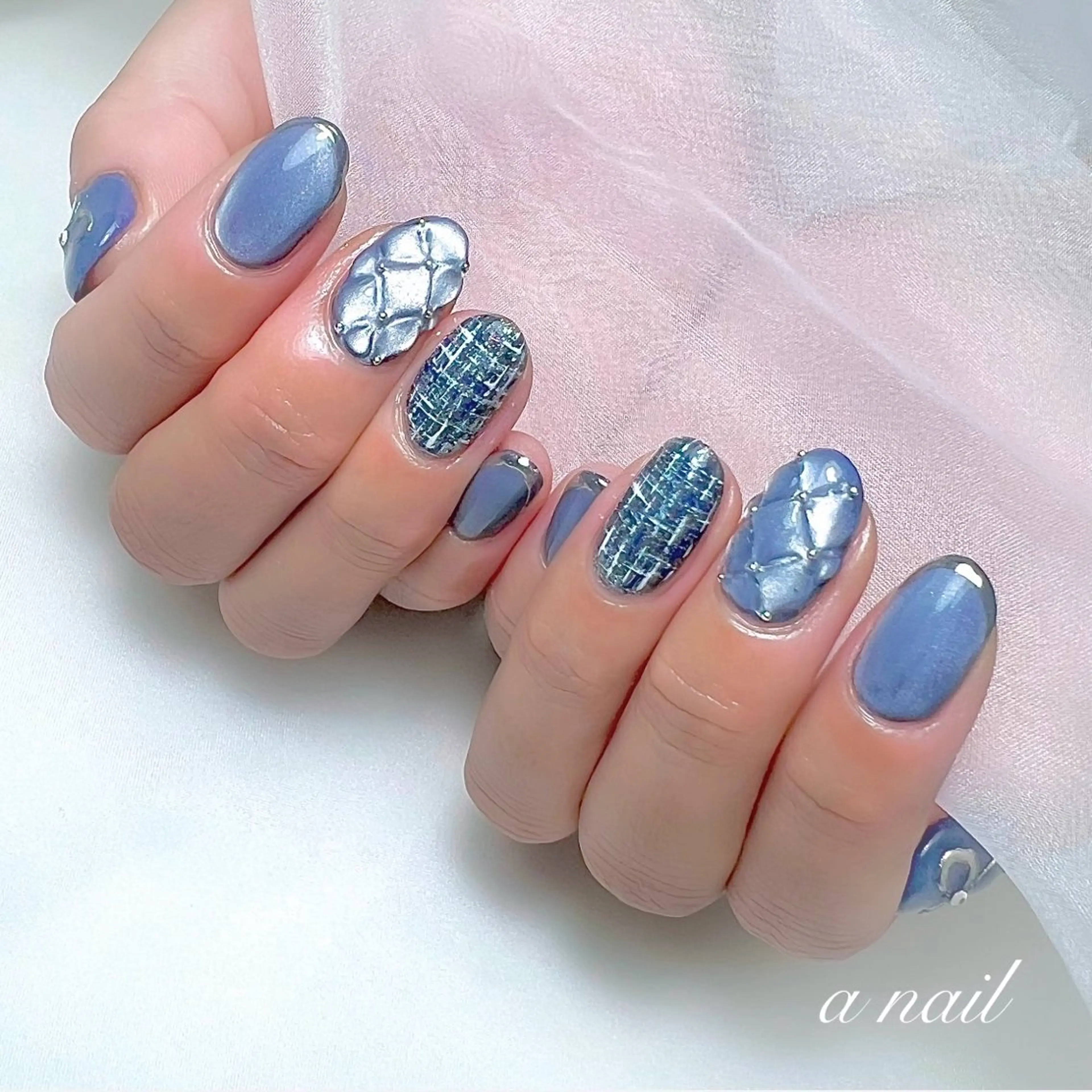 ネイル ブルー マグネットネイル リボン ツイードネイル ハンドネイル Salon_ a.nailのネイルデザイン