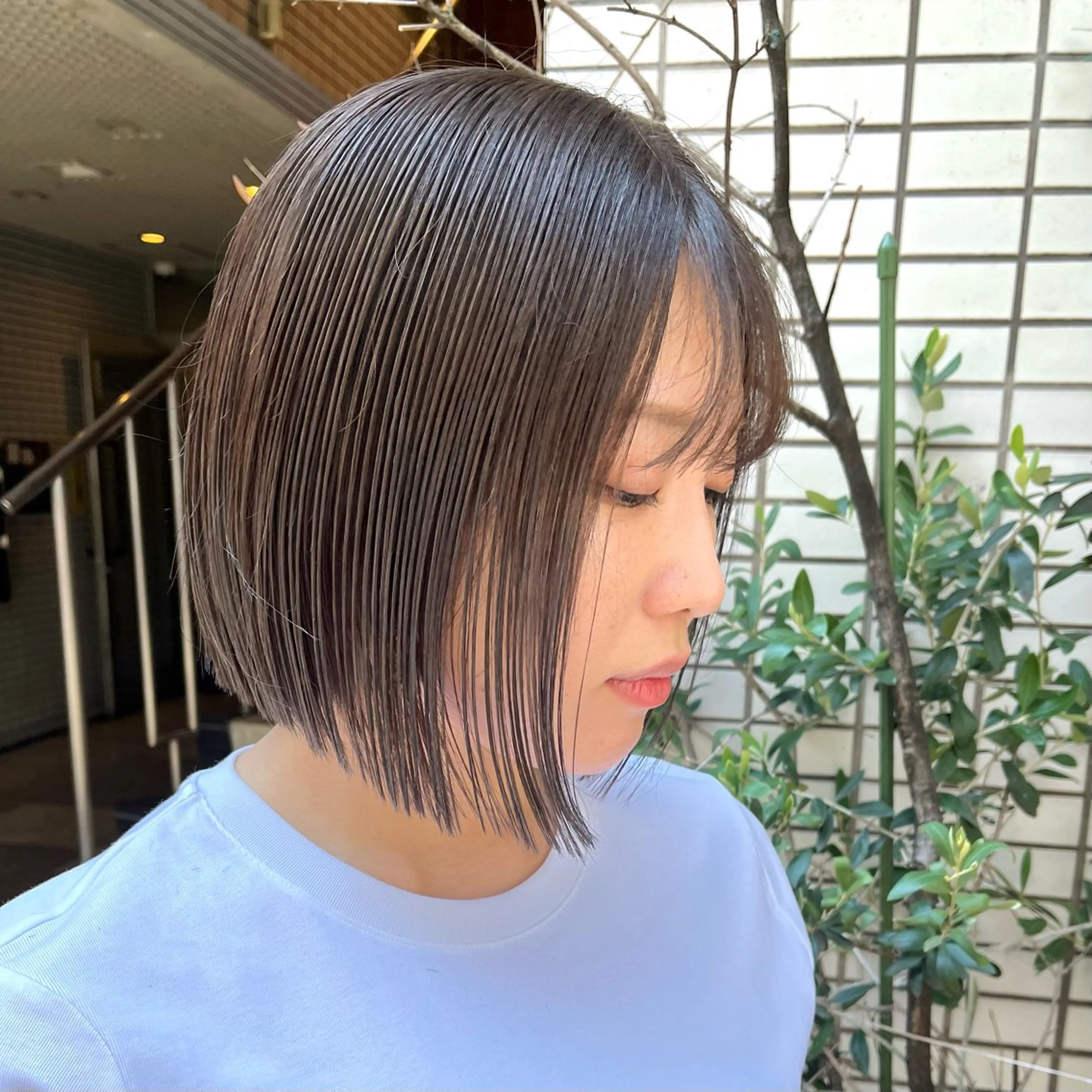 ショート カラー 切りっぱなしボブ アッシュ ベージュカラー ボブ カット ヘアカラー 切りっぱなしボブ／ レイヤー／ベージュのヘアスタイル