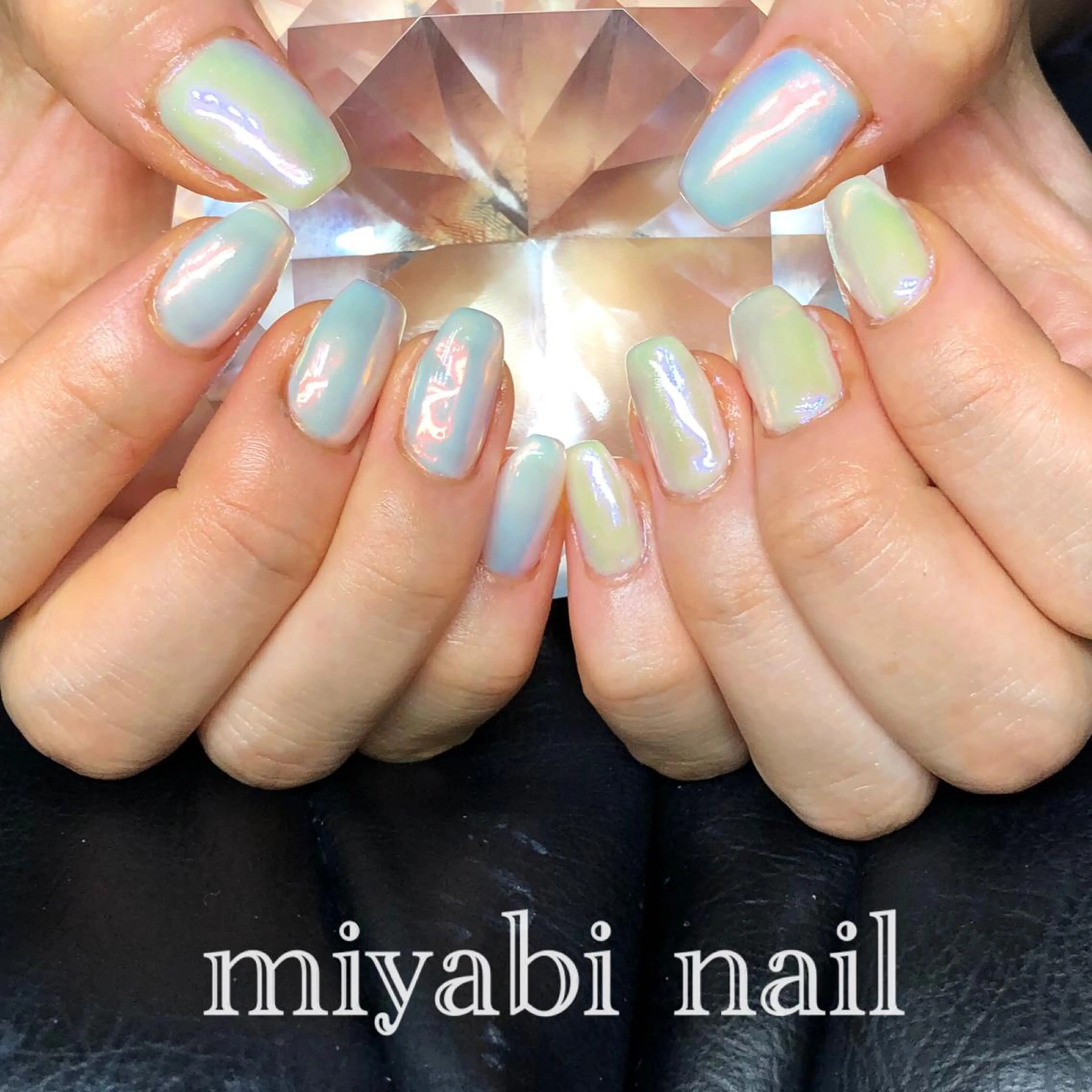 ネイル オーロラネイル ブルー グリーン ミラーネイル オレンジ ハンドネイル miyabi nail 桂川駅近くのネイルデザイン