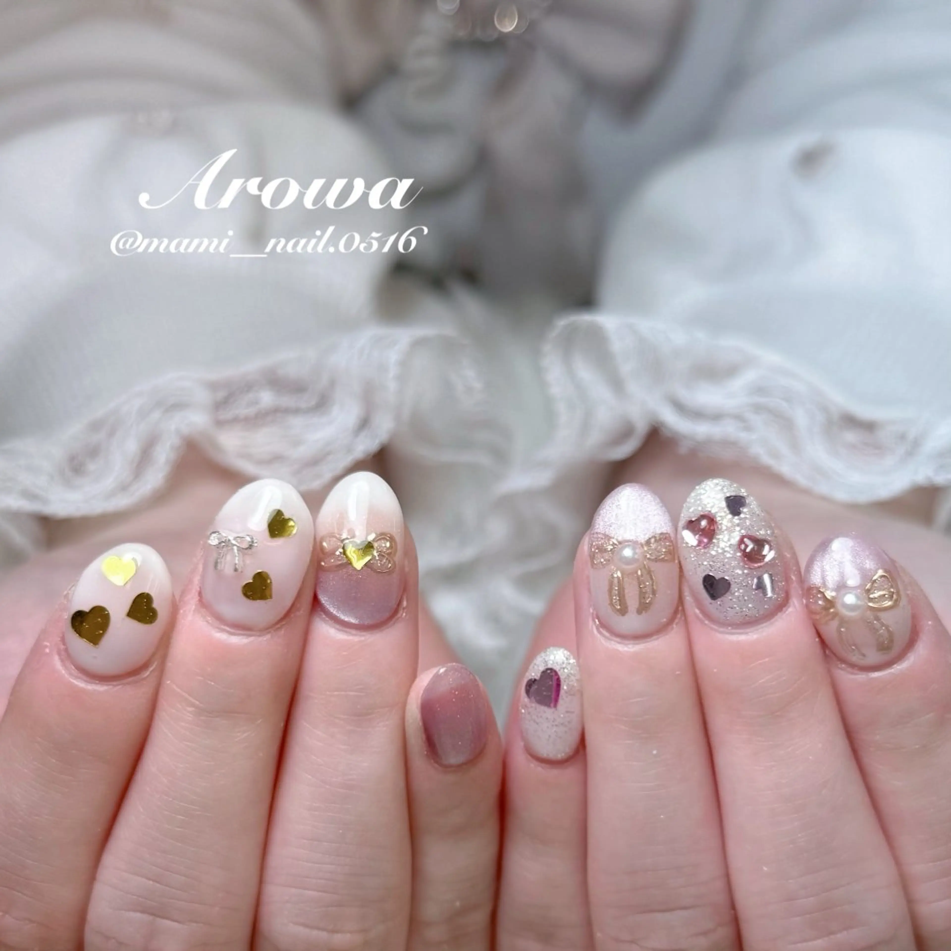 ネイル ミラーネイル リボン ハンドネイル Arowa まみのネイルデザイン