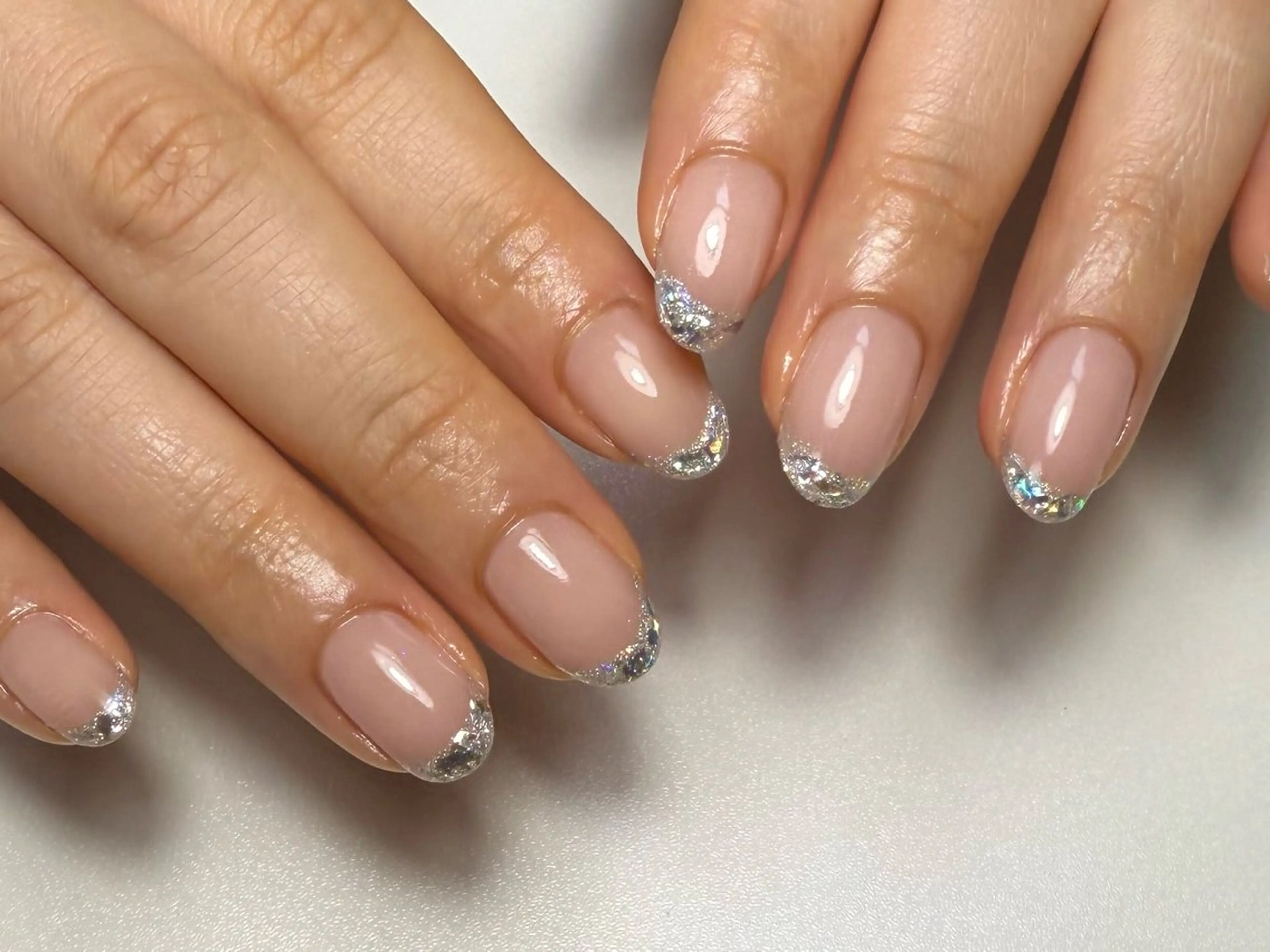 ネイル アートネイル フレンチネイル ガラスフレンチ ピンク ピンクベージュ nailroom lilasのネイルデザイン