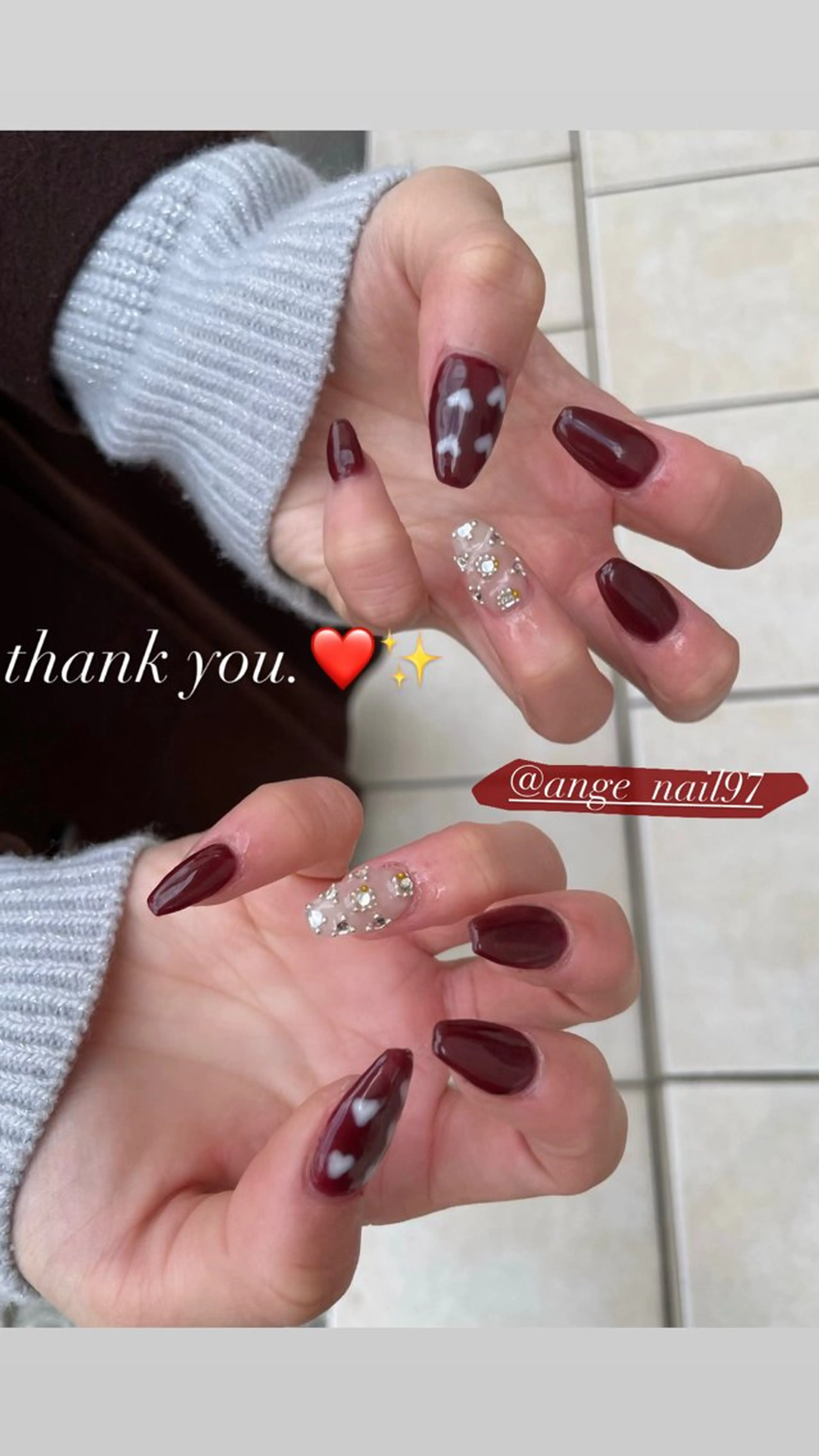 ネイル ボルドー フレンチネイル ガーリー ハート キラキラネイル ハンドネイル Nail salon 🎀Angeのネイルデザイン