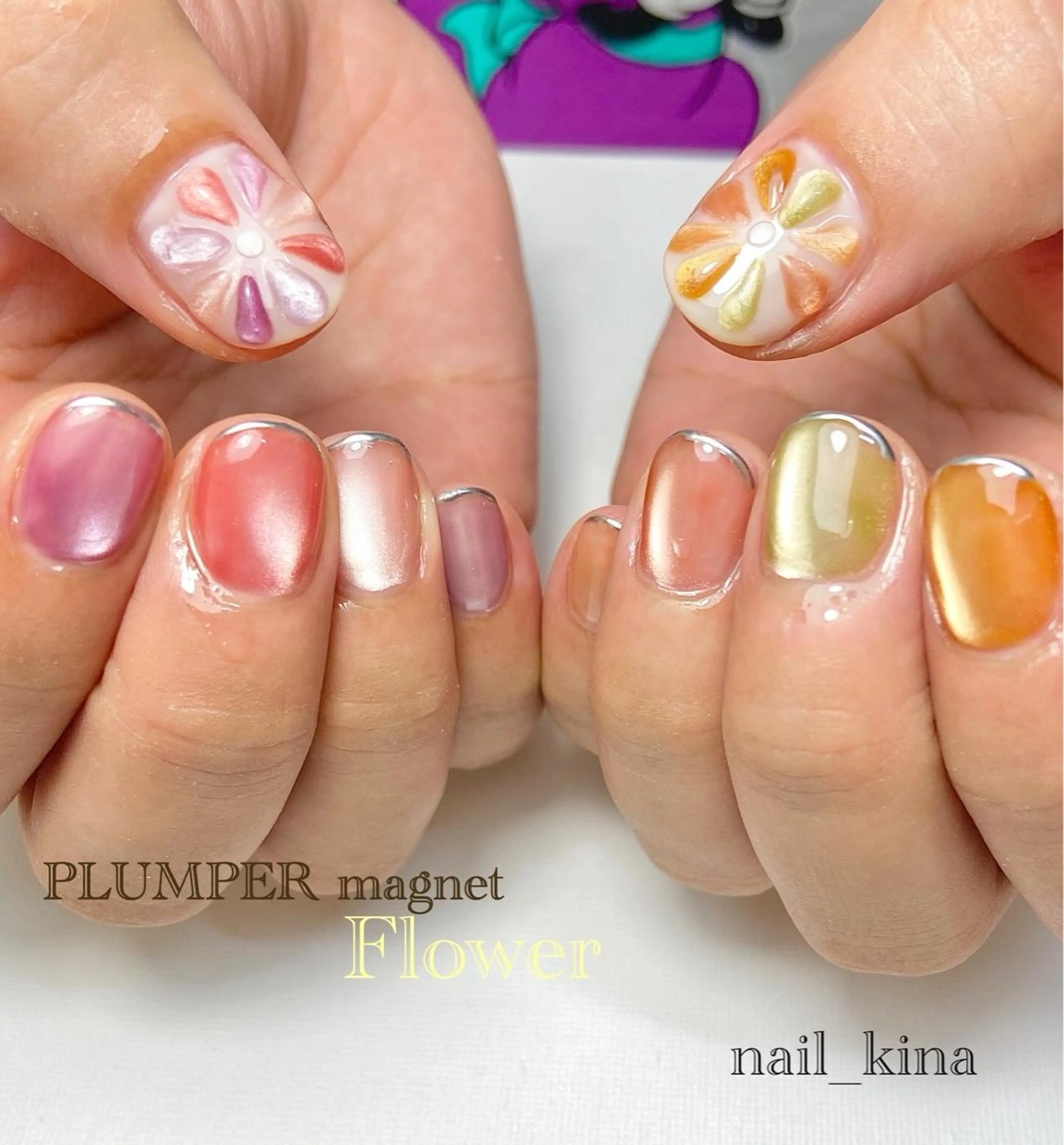 ネイル フラワーネイル マグネットネイル おそろいネイル 春ネイル ハンドネイル nail_ kinaのネイルデザイン
