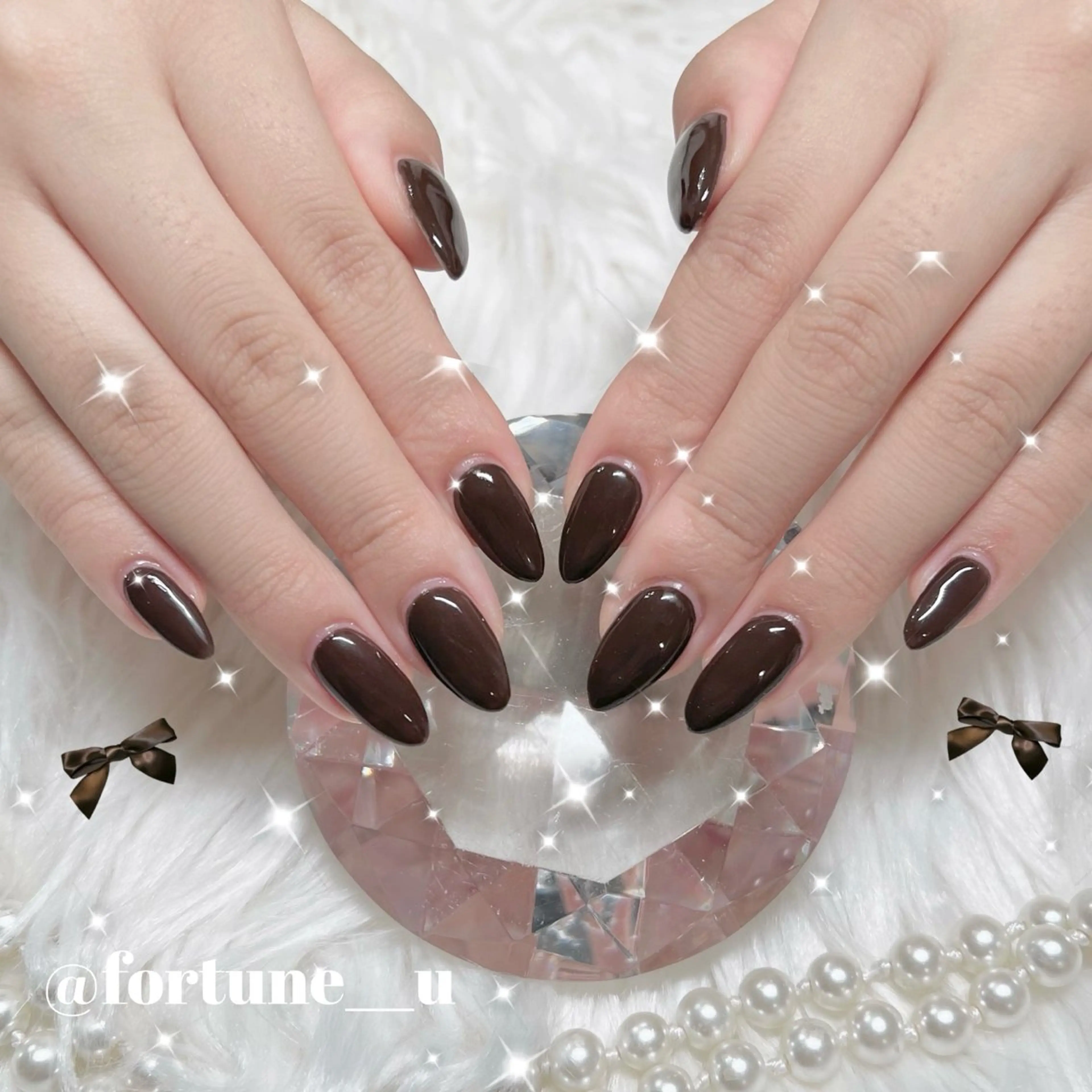 ネイル ブラウン フレンチネイル ガーリー 韓国ネイル 水色 ハンドネイル 💜 Yuuna💜のネイルデザイン