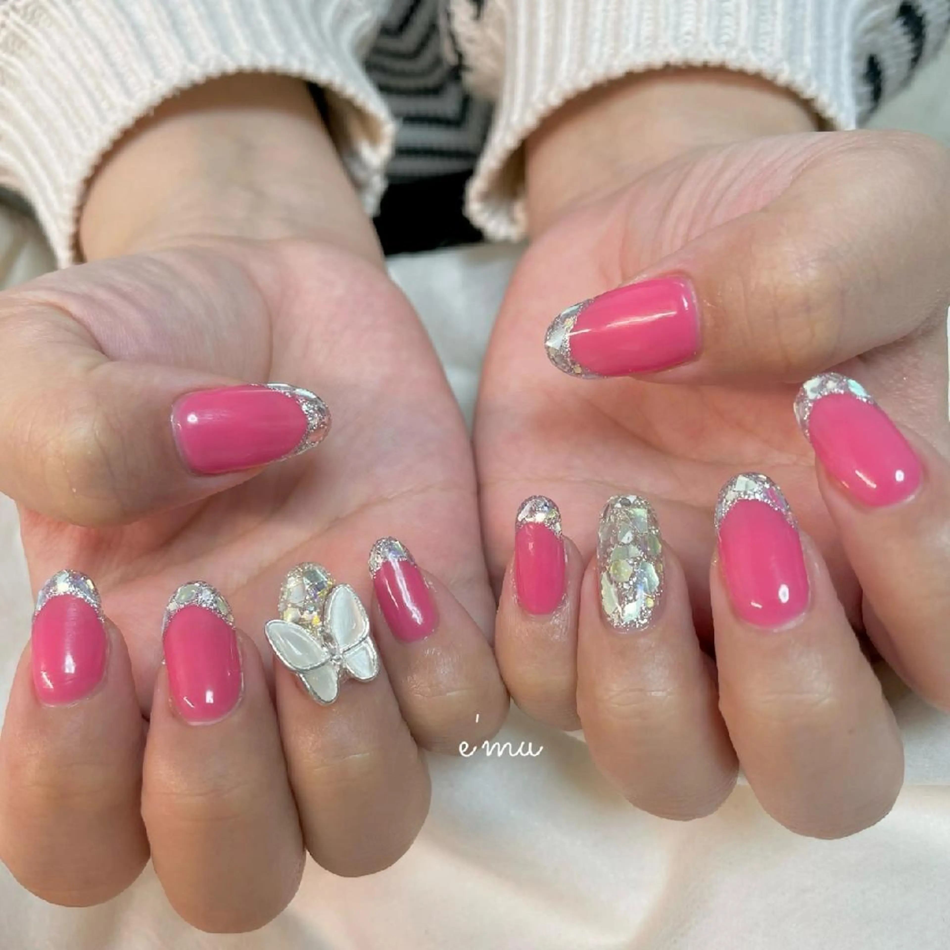 ネイル フレンチネイル ガラスフレンチ キラキラネイル ピンク nail salon e'mu💐のネイルデザイン