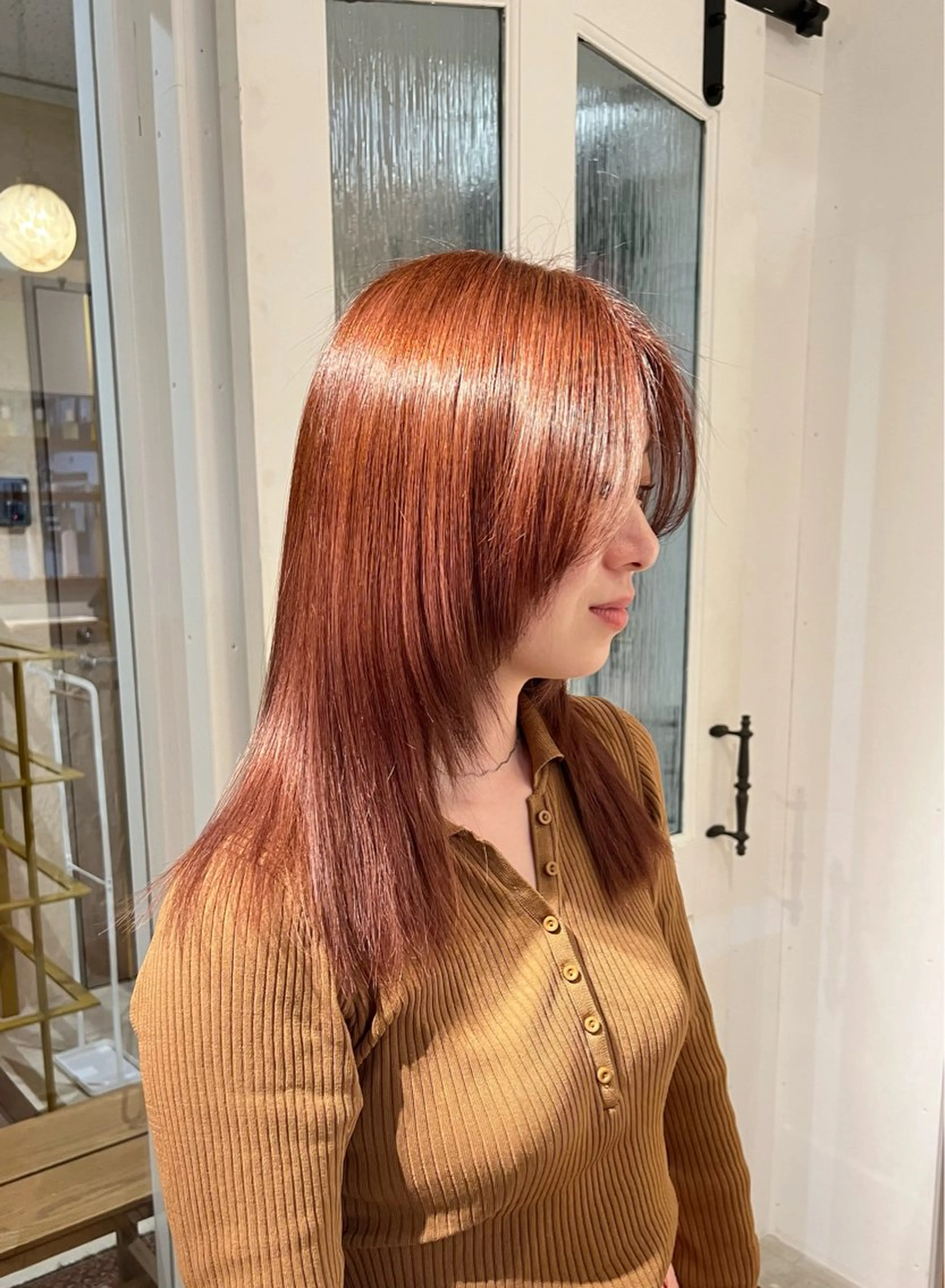 セミロング カラー オレンジ ヘアカラー かとう りなのヘアスタイル