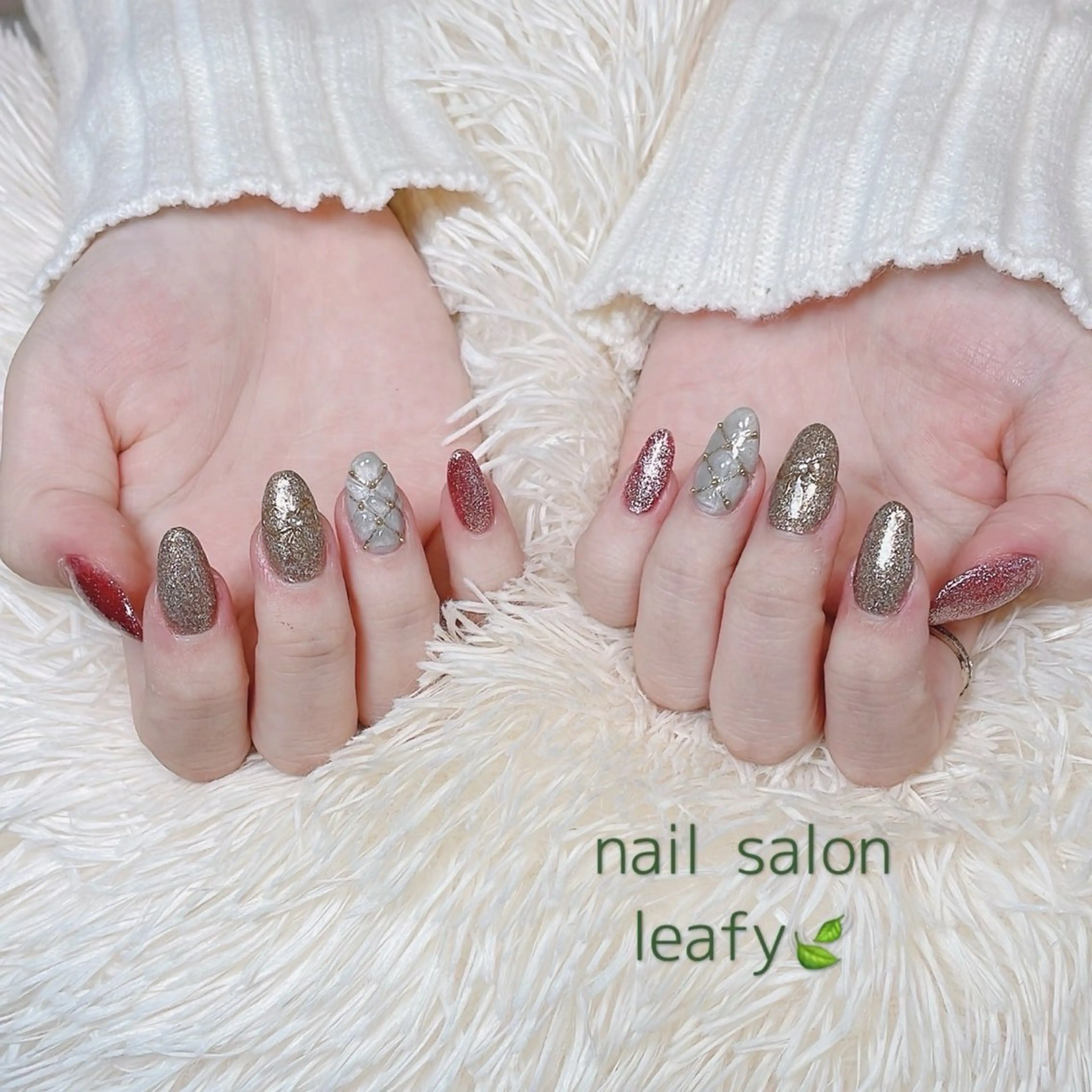 ネイル ラメ(グリッター) マグネットネイル 持ち込み リボン 春ネイル ネイルサロン leafyのネイルデザイン