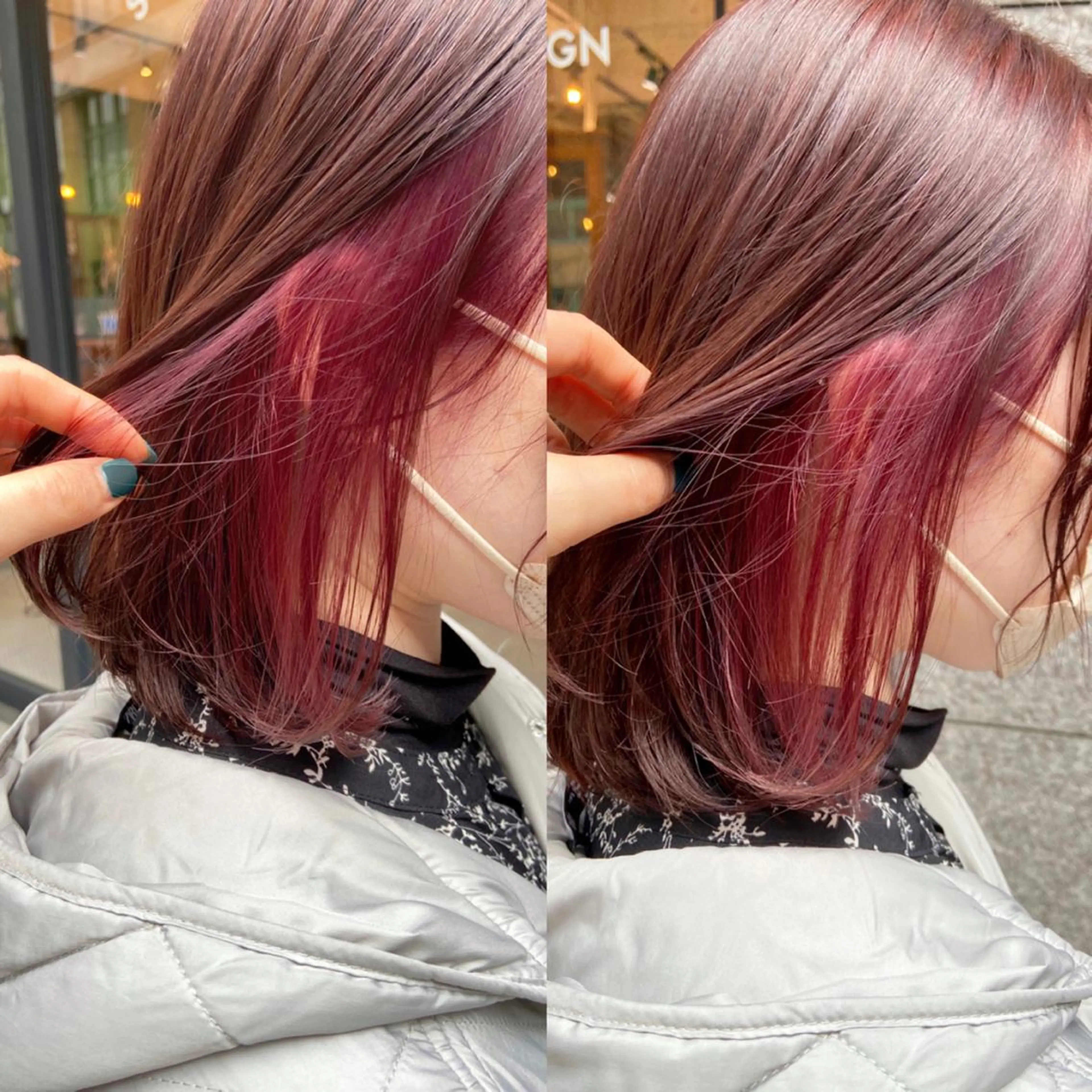 ミディアム カラー イヤリングカラー ピンクカラー バイオレットカラー カット ヘアカラー ノイシキ サキのヘアスタイル
