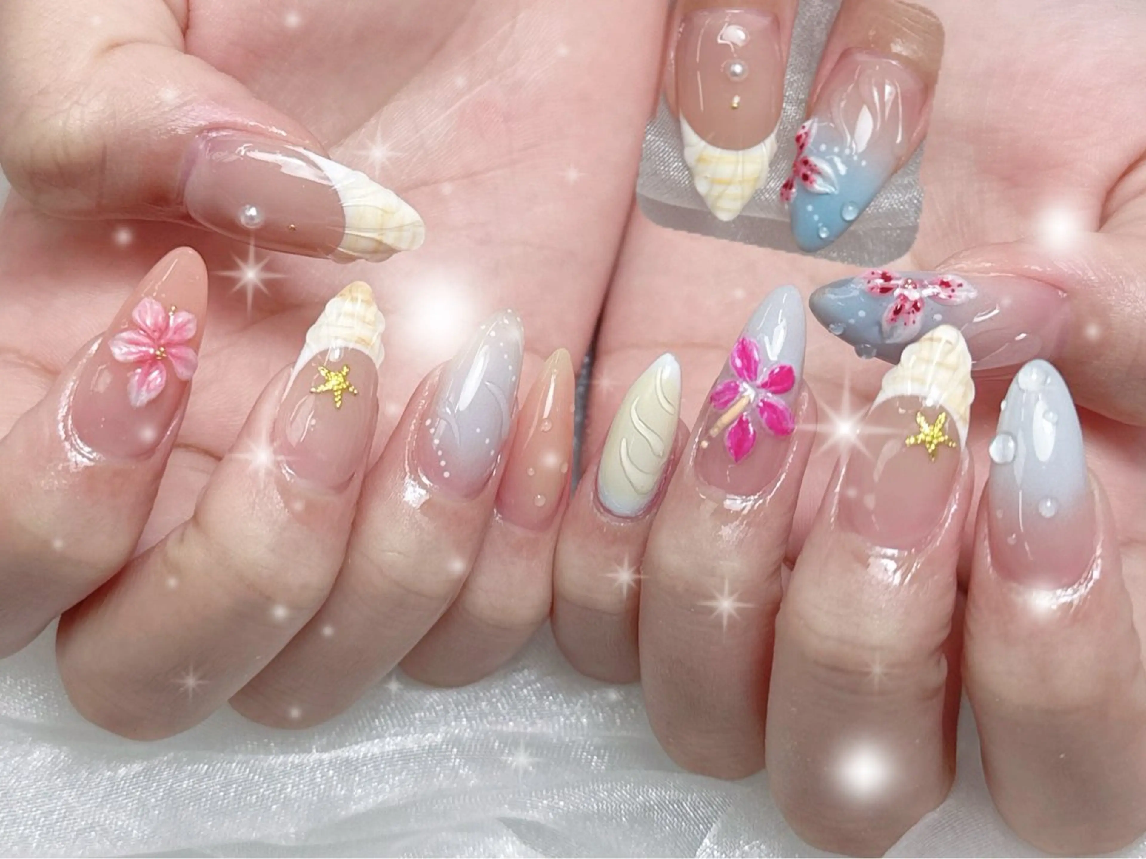 ネイル ブルー フラワーネイル グラデーション ぷっくりネイル ハンドネイル NOA NAILのネイルデザイン