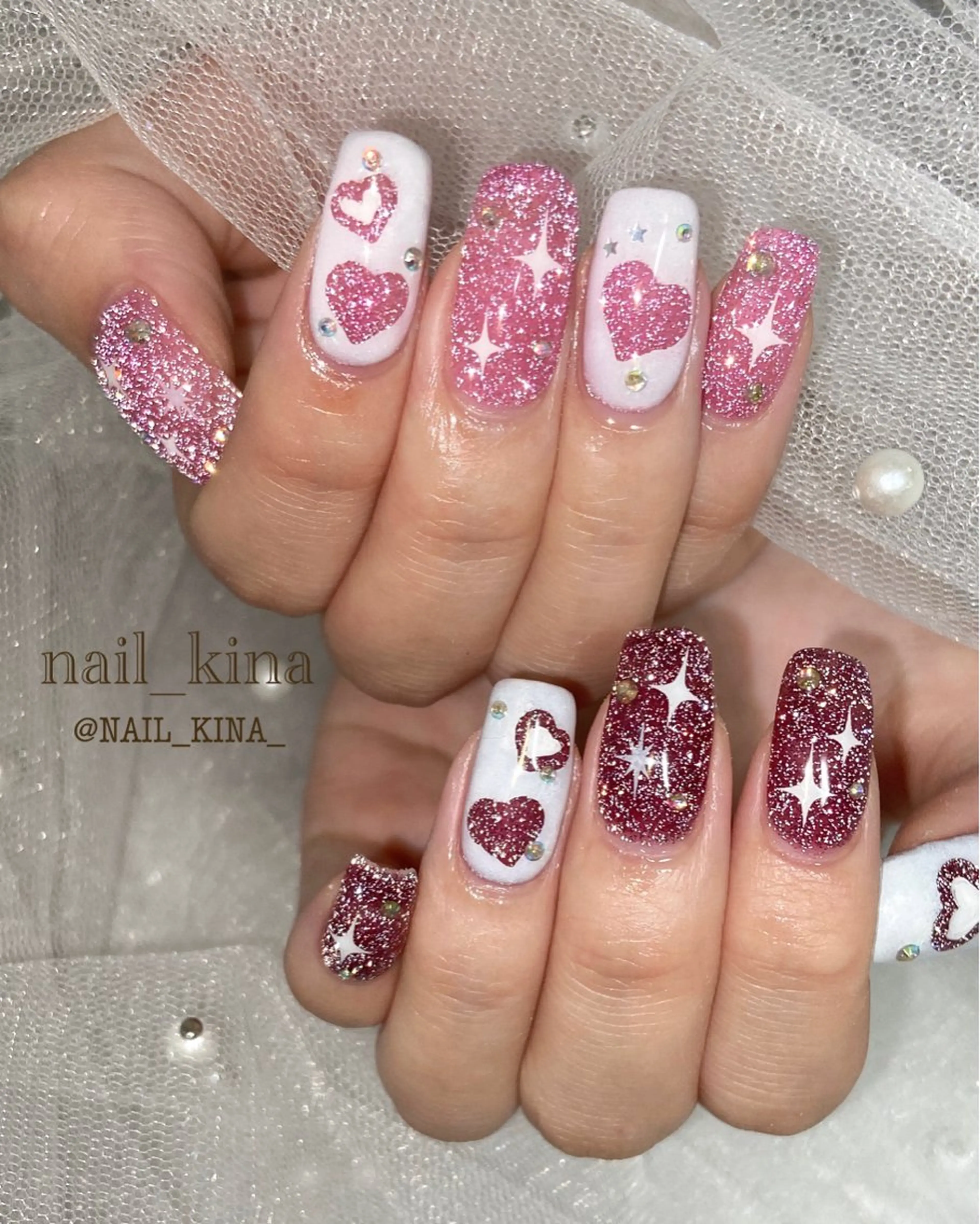 ネイル フラッシュネイル ハート ハンドネイル nail_ kinaのネイルデザイン