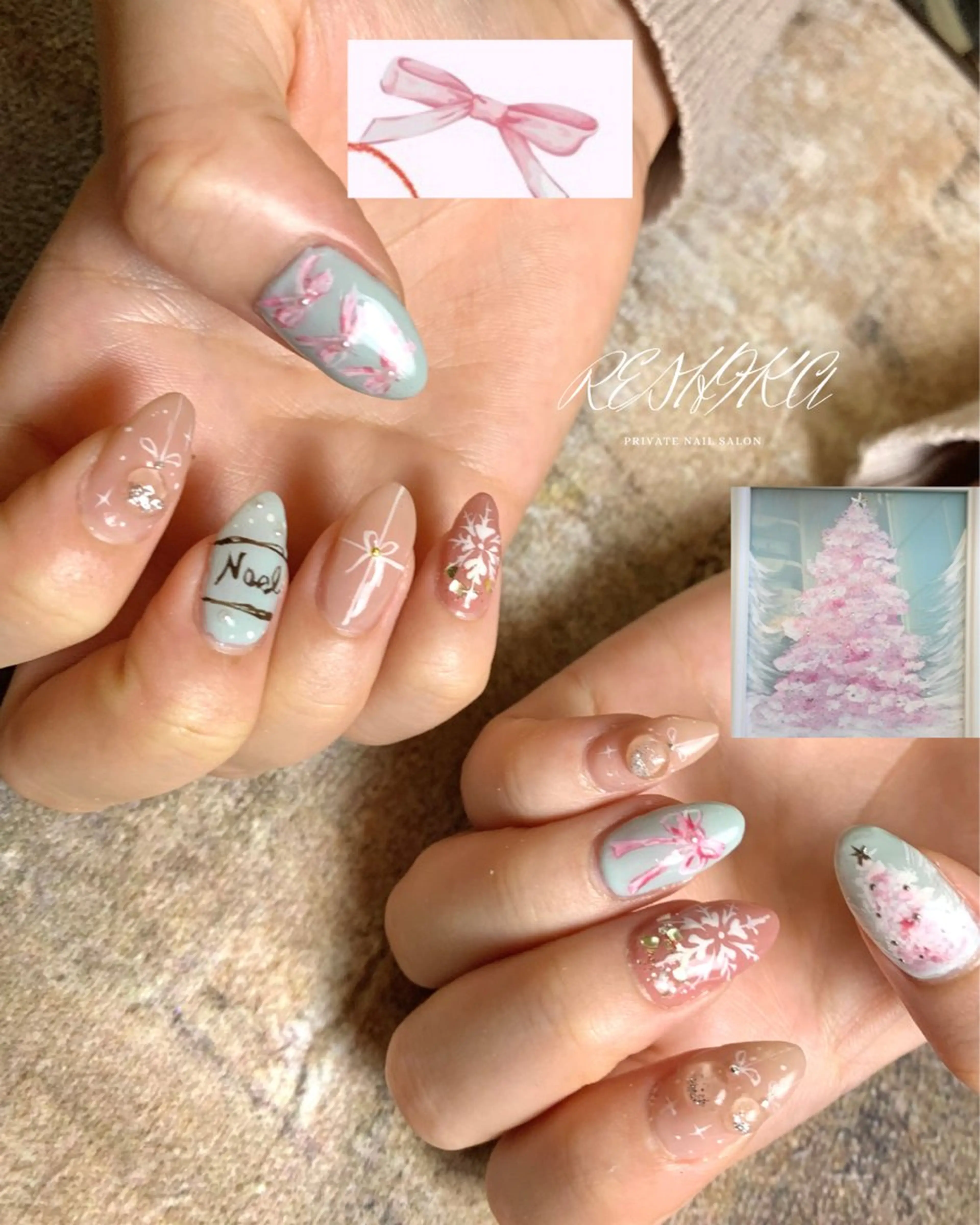 ネイル グリーン 持ち込み ピンク ピンクベージュ リボン m mのネイルデザイン