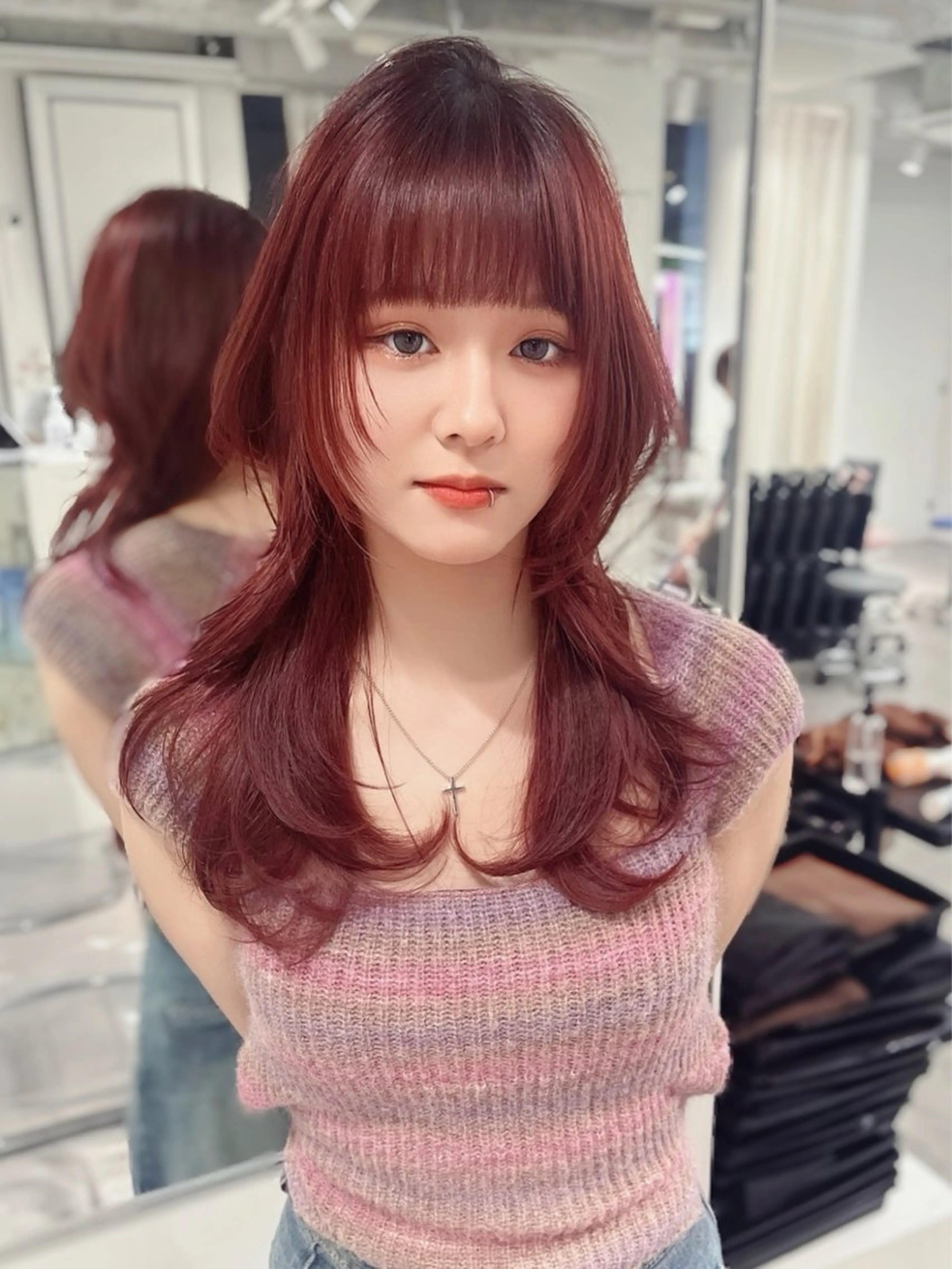 セミロング カラー ピンクカラー レイヤーカット カット ヘアカラー トリートメント 韓国レイヤー/新宿/ 髪質改善/岡崎のヘアスタイル