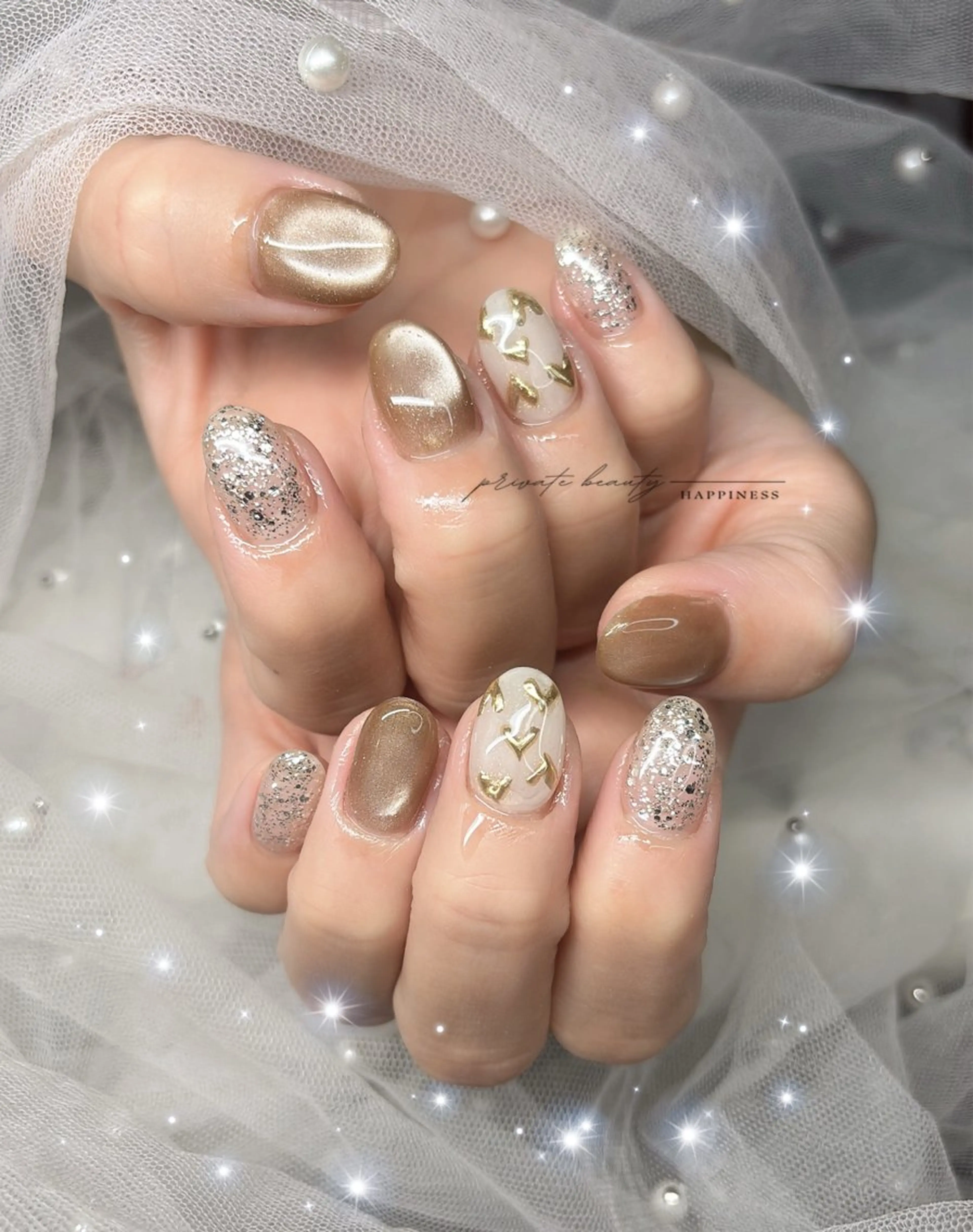 ネイル フレンチネイル ハート 韓国ネイル ロングネイル ミラーネイル ハンドネイル happiness nailのネイルデザイン