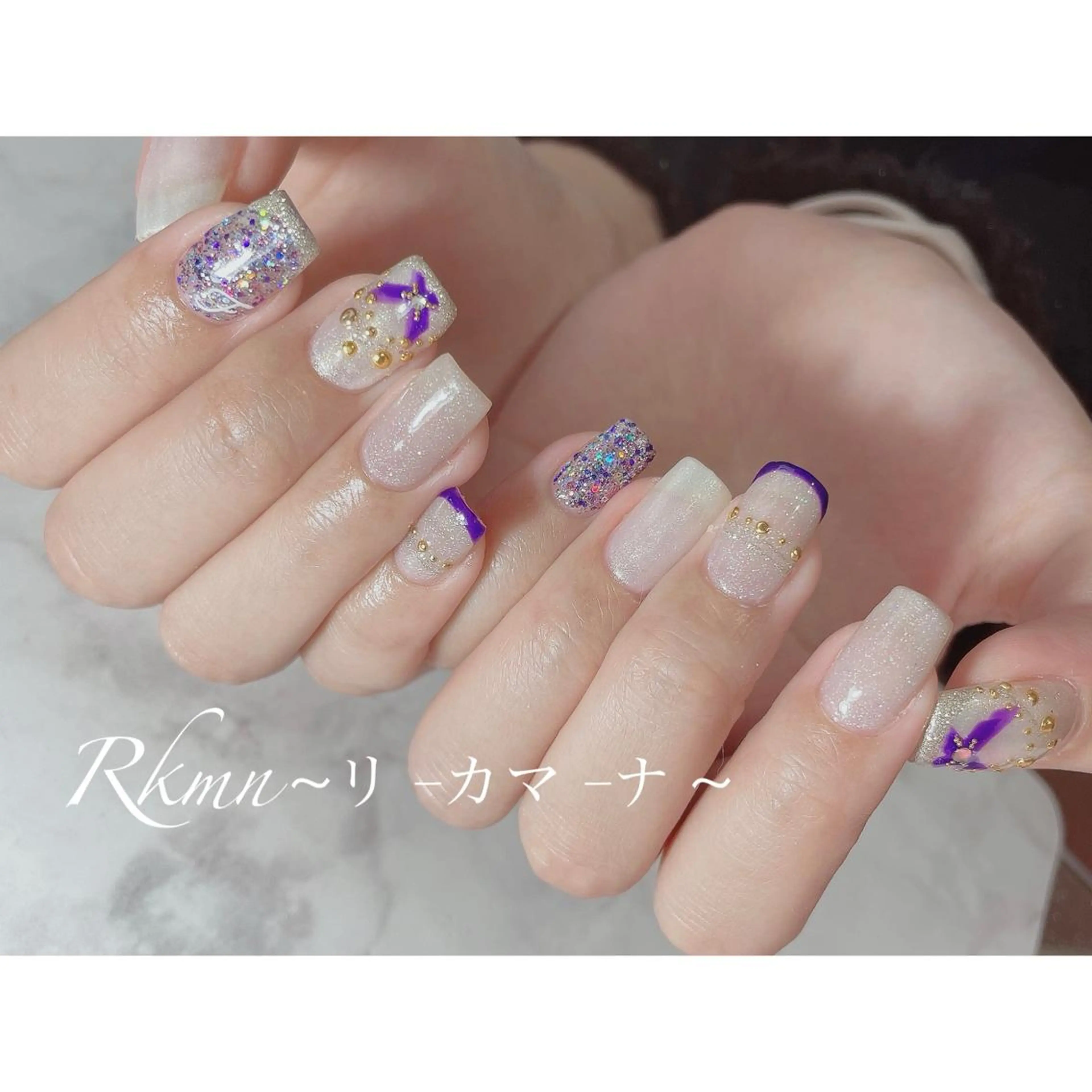 ネイル アートネイル パープル 春ネイル スクエアネイル ハンドネイル フットネイル ハンドケア Rkmn ~リ-カマ-ナ~のネイルデザイン