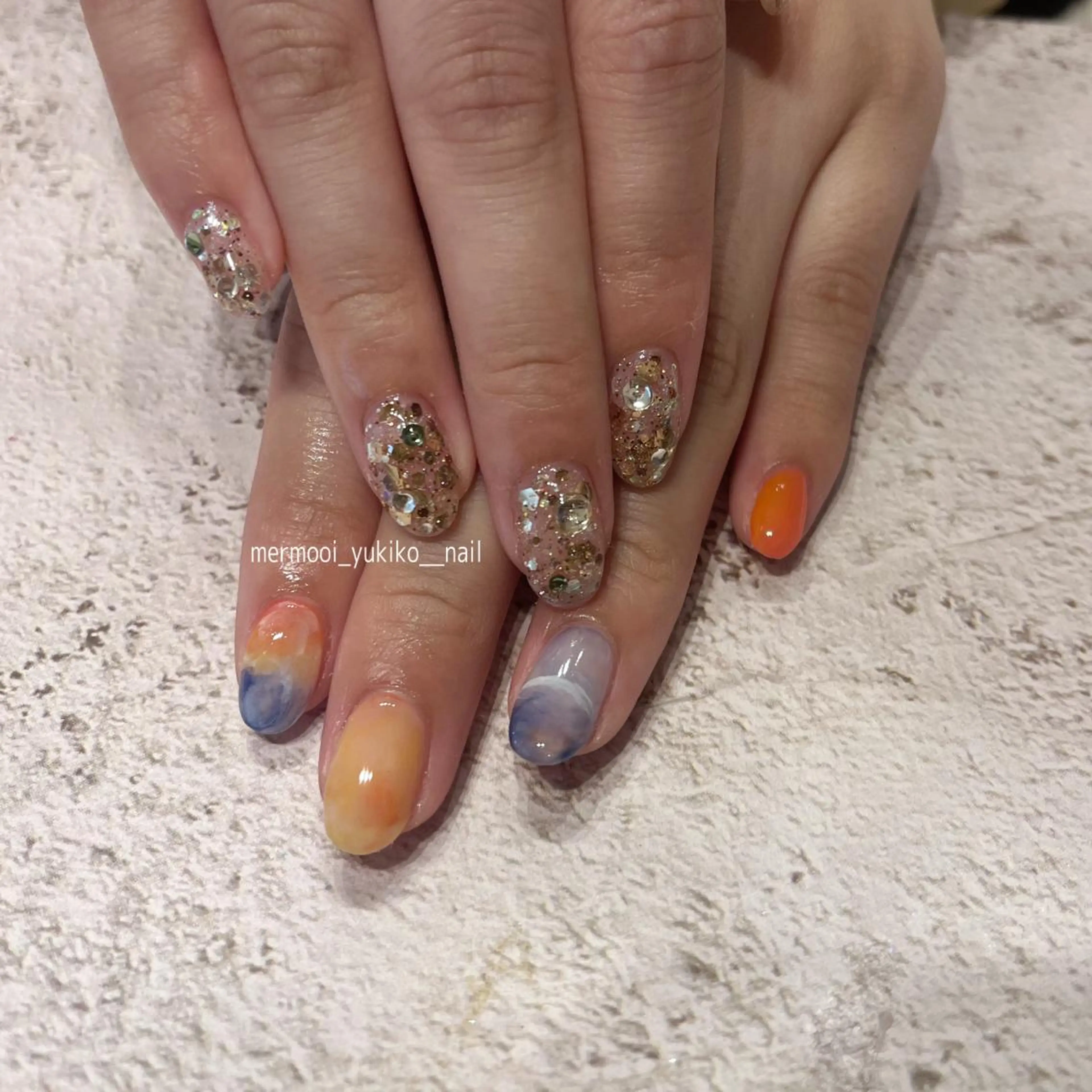 ネイル アートネイル クリアネイル キラキラネイル ラメ(グリッター) 大理石ネイル(マーブル) ハンドネイル mermooi nailのネイルデザイン