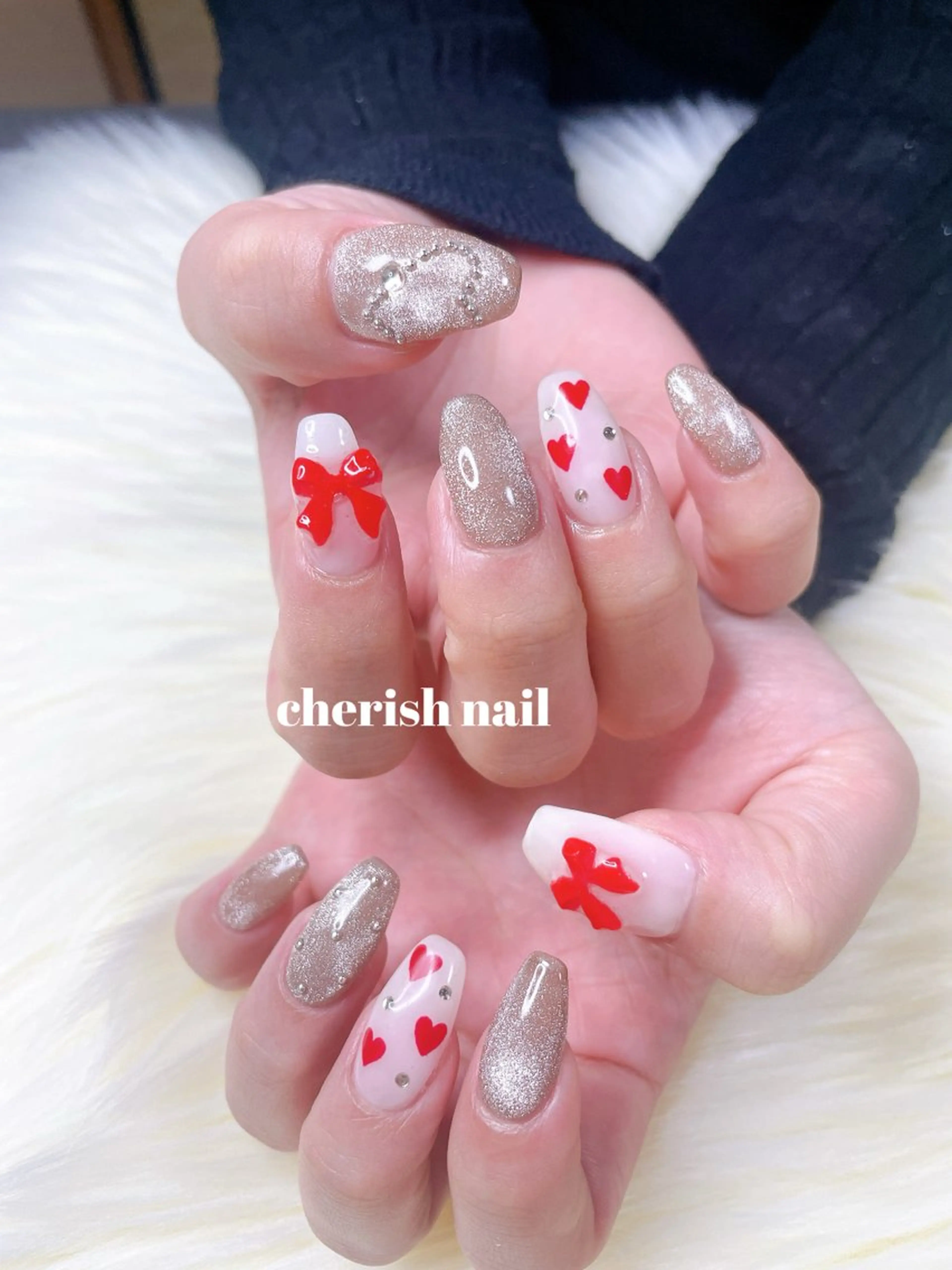 ネイル ハート マグネットネイル リボン ハンドネイル cherish nailのネイルデザイン