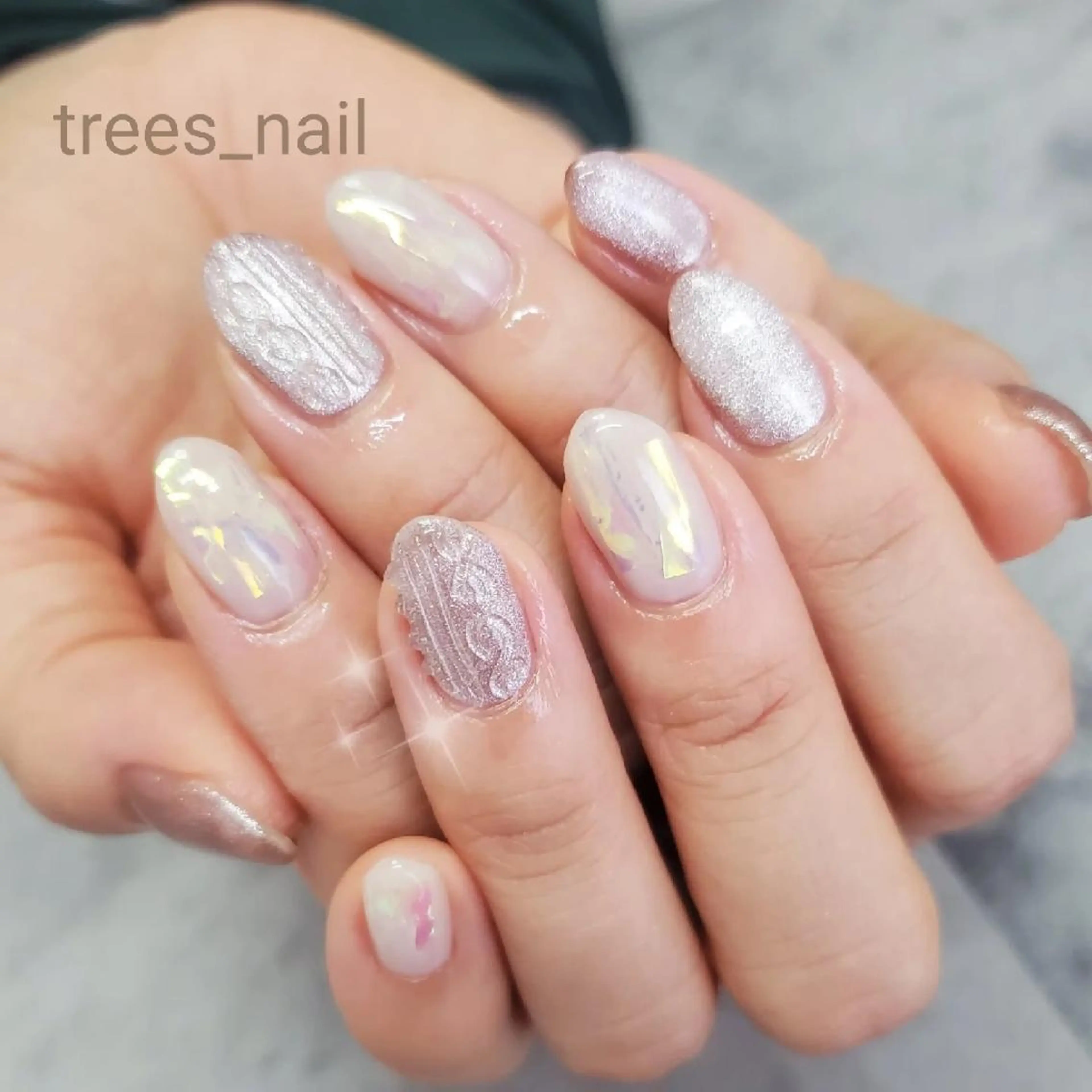 ネイル オーロラネイル クリアネイル マグネットネイル 春ネイル ハンドネイル フットネイル trees_ nailのネイルデザイン