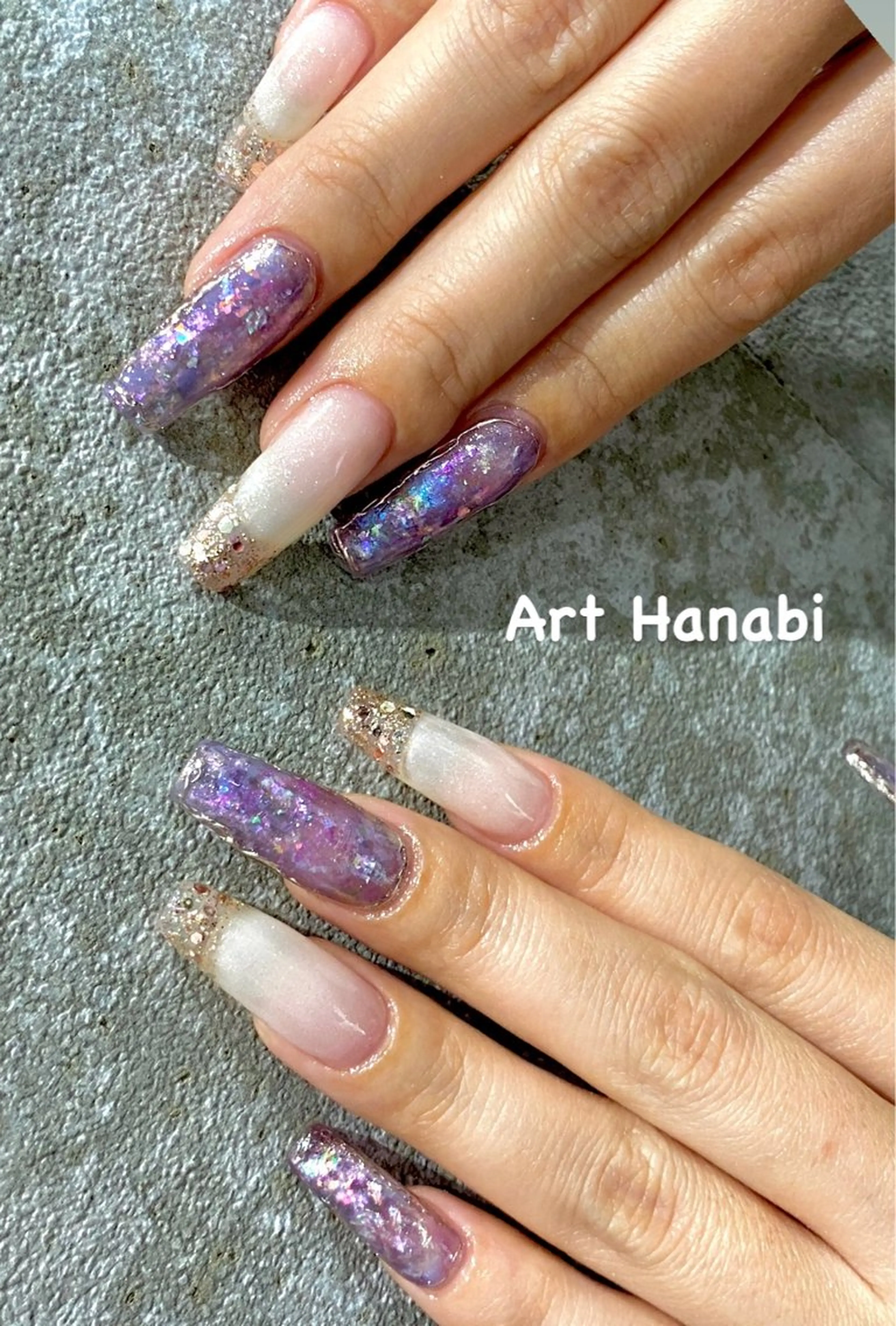 ネイル アートネイル フレンチネイル ガラスフレンチ キラキラネイル 持ち込み ハンドネイル ハンドケア Art Hanabi所属・Art Hanabi ミリのネイルデザイン