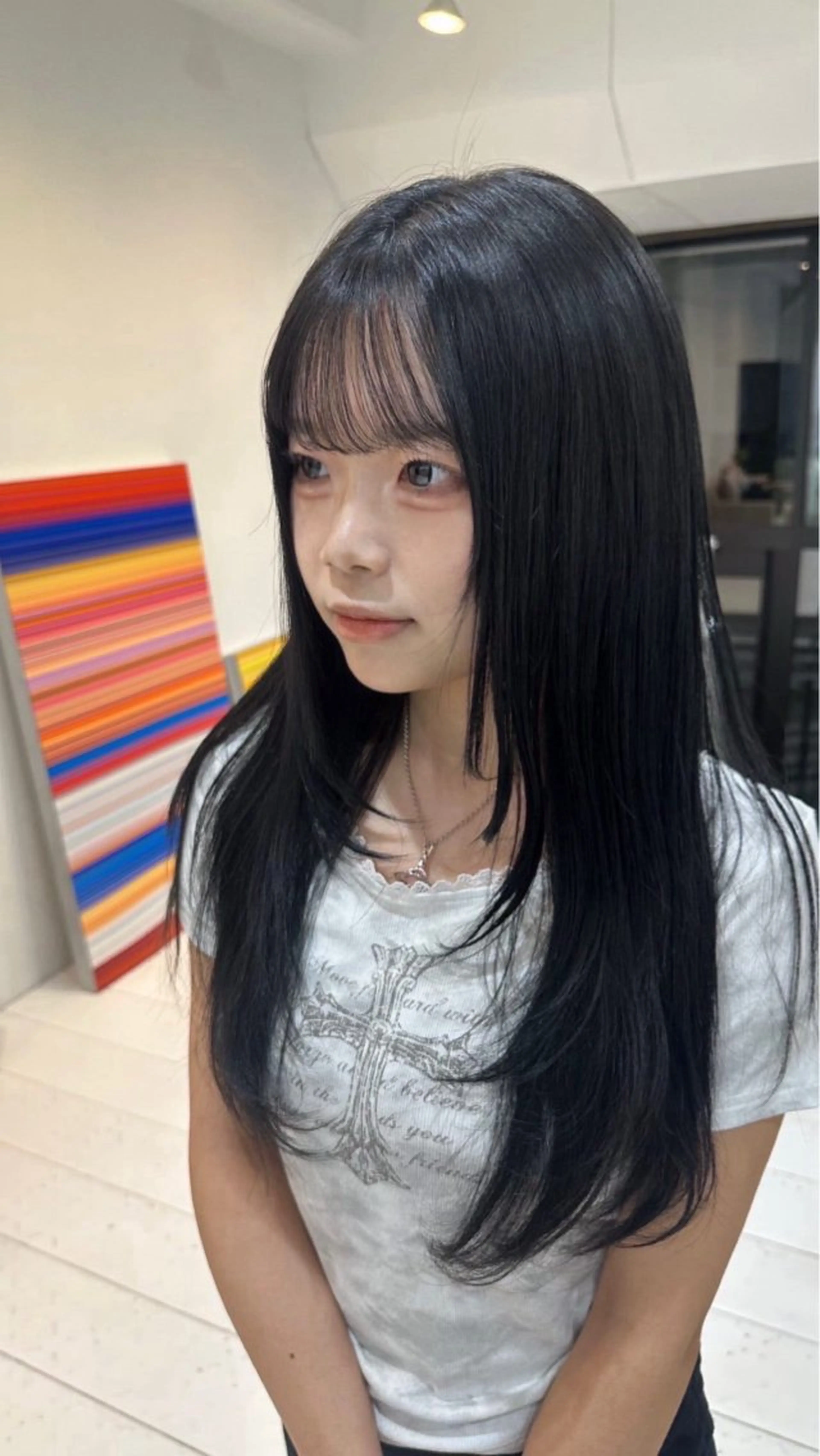 ロング カラー 黒髪 ブリーチ ブルーカラー ブルーブラック 透明感カラー ヘアカラー 🩷ブリーチなし韓国 へア🩷HARUKAのヘアスタイル