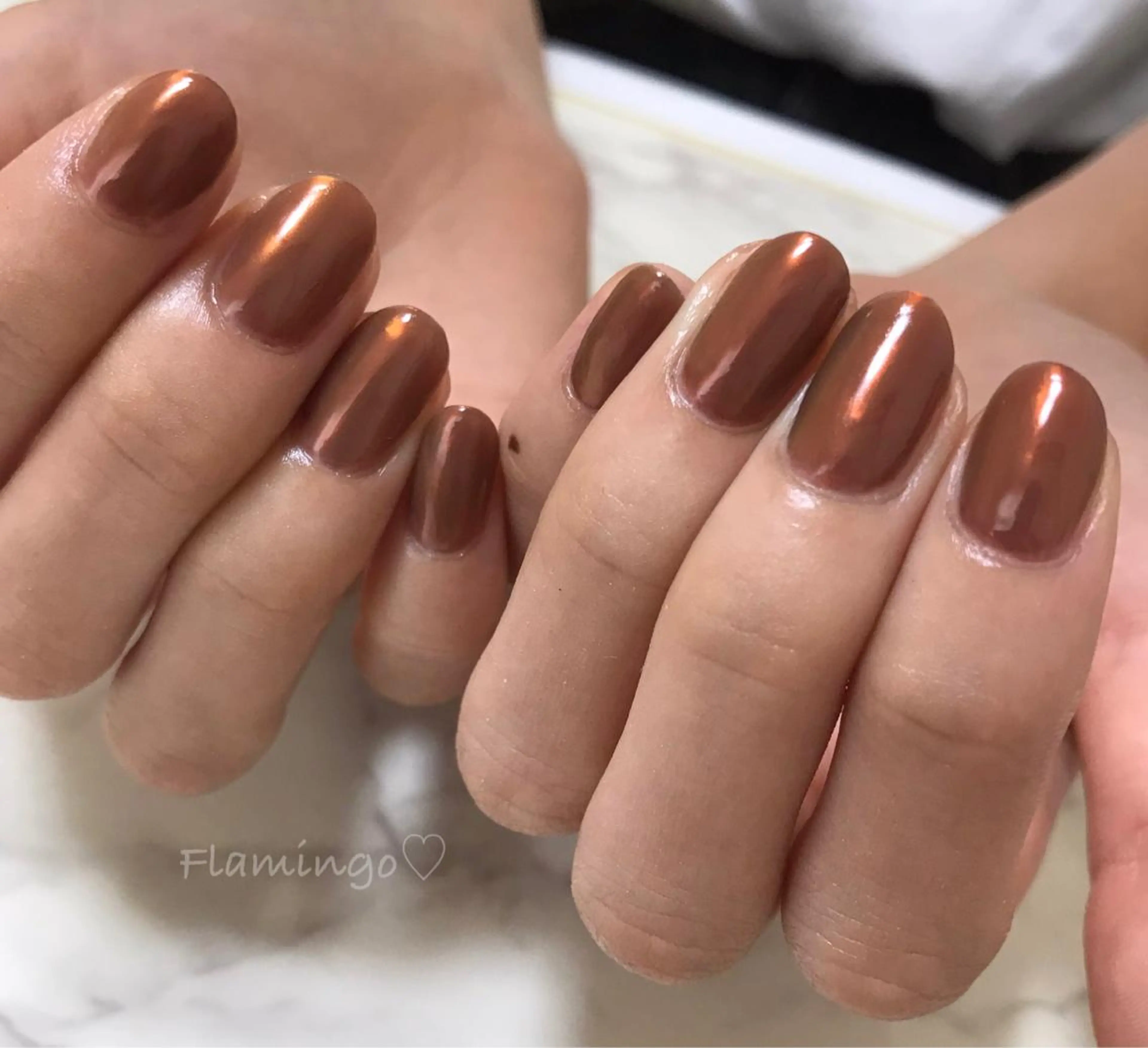 ネイル ブラウン ジェルネイル ミラーネイル ニュアンスネイル オレンジ ハンドネイル シンプル／上品／爪育 ☺︎Flamingoのネイルデザイン