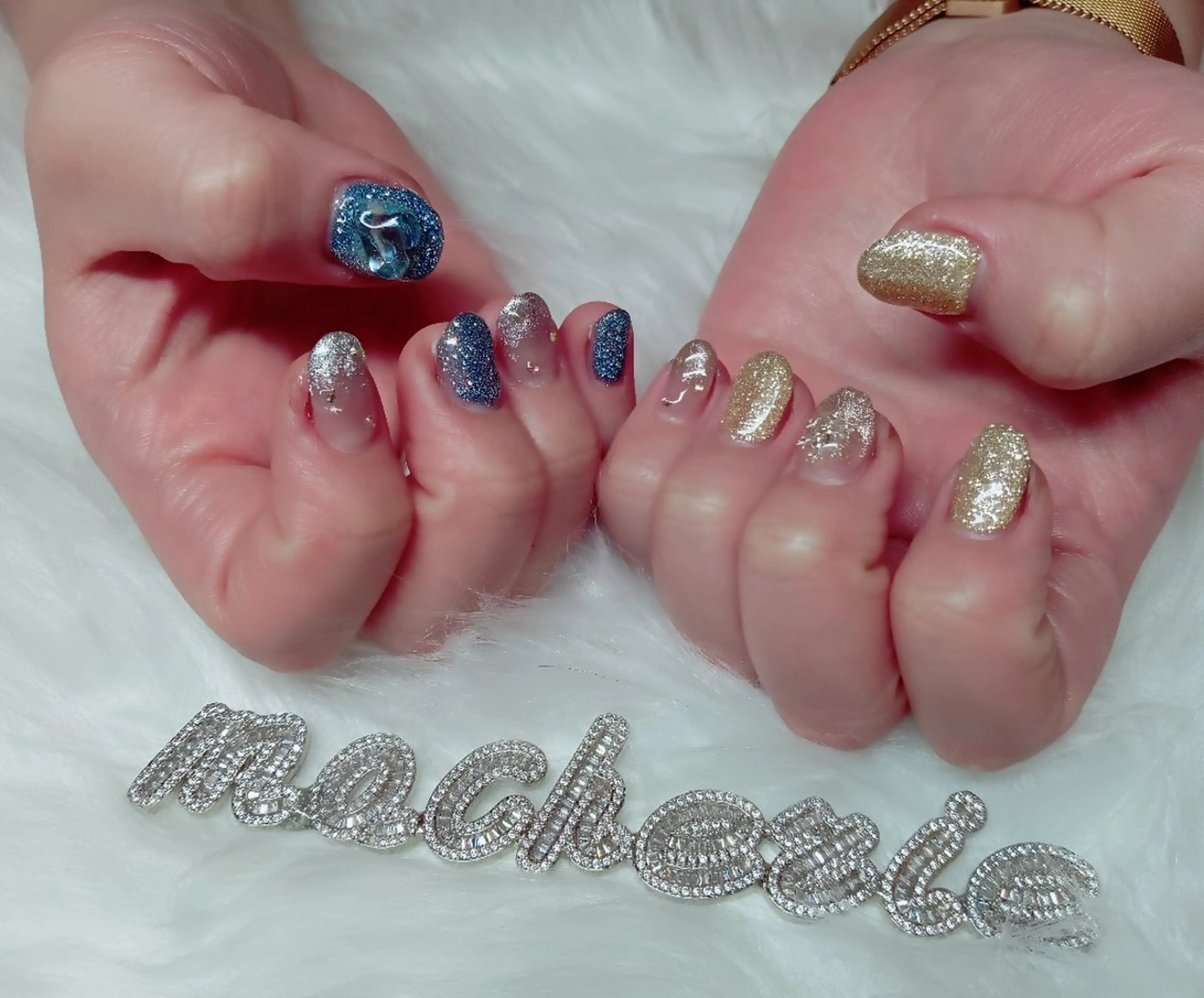 ネイル ブルー ゴールド ハンドネイル Nail Salon macherieのネイルデザイン
