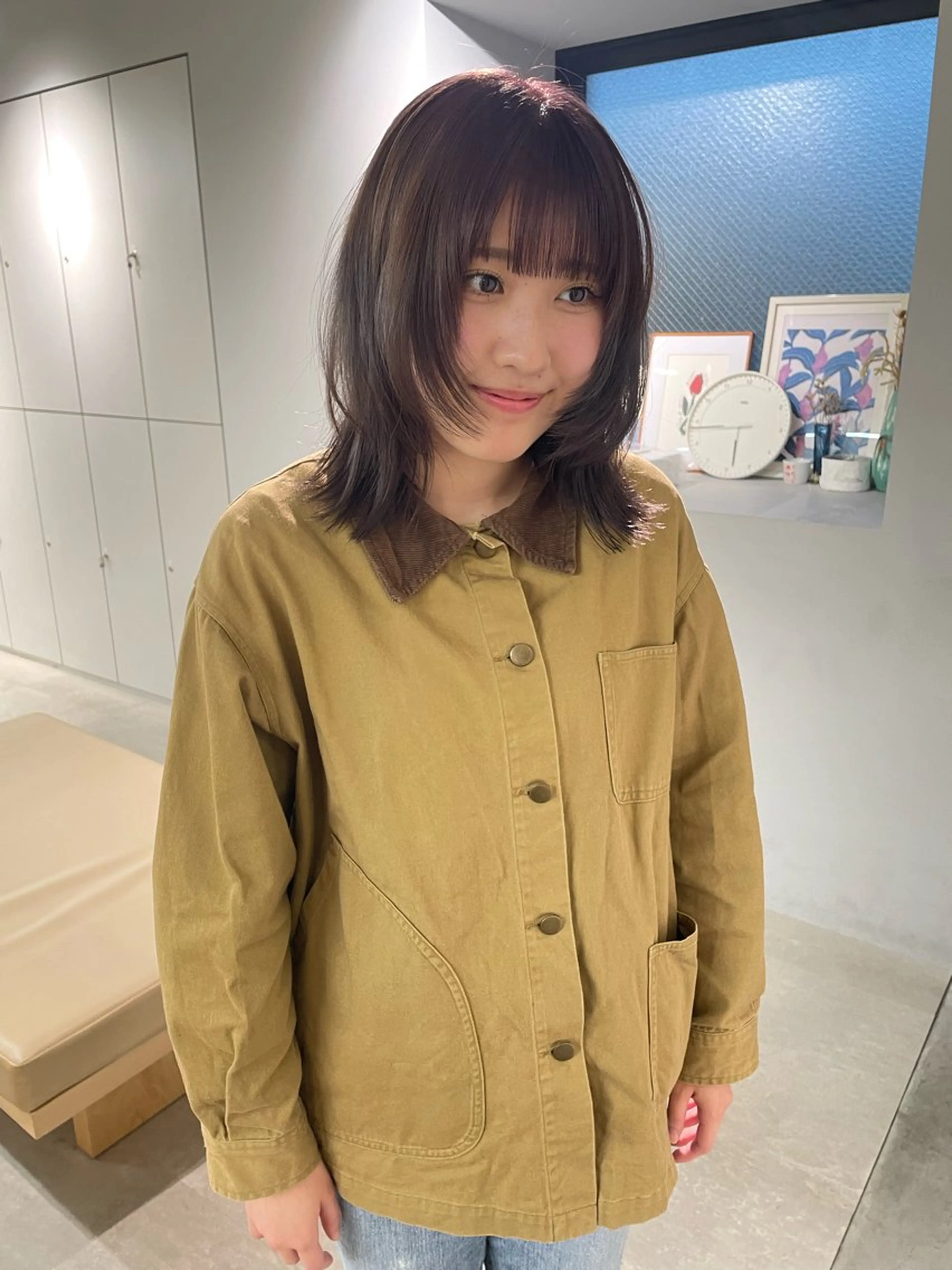 ミディアム カラー ミディアムレイヤー ブリーチ ブラウンカラー ケアブリーチ 透明感カラー カット ヘアカラー トリートメント MIU/ルーツカラー ボブ/顔周りレイヤーのヘアスタイル
