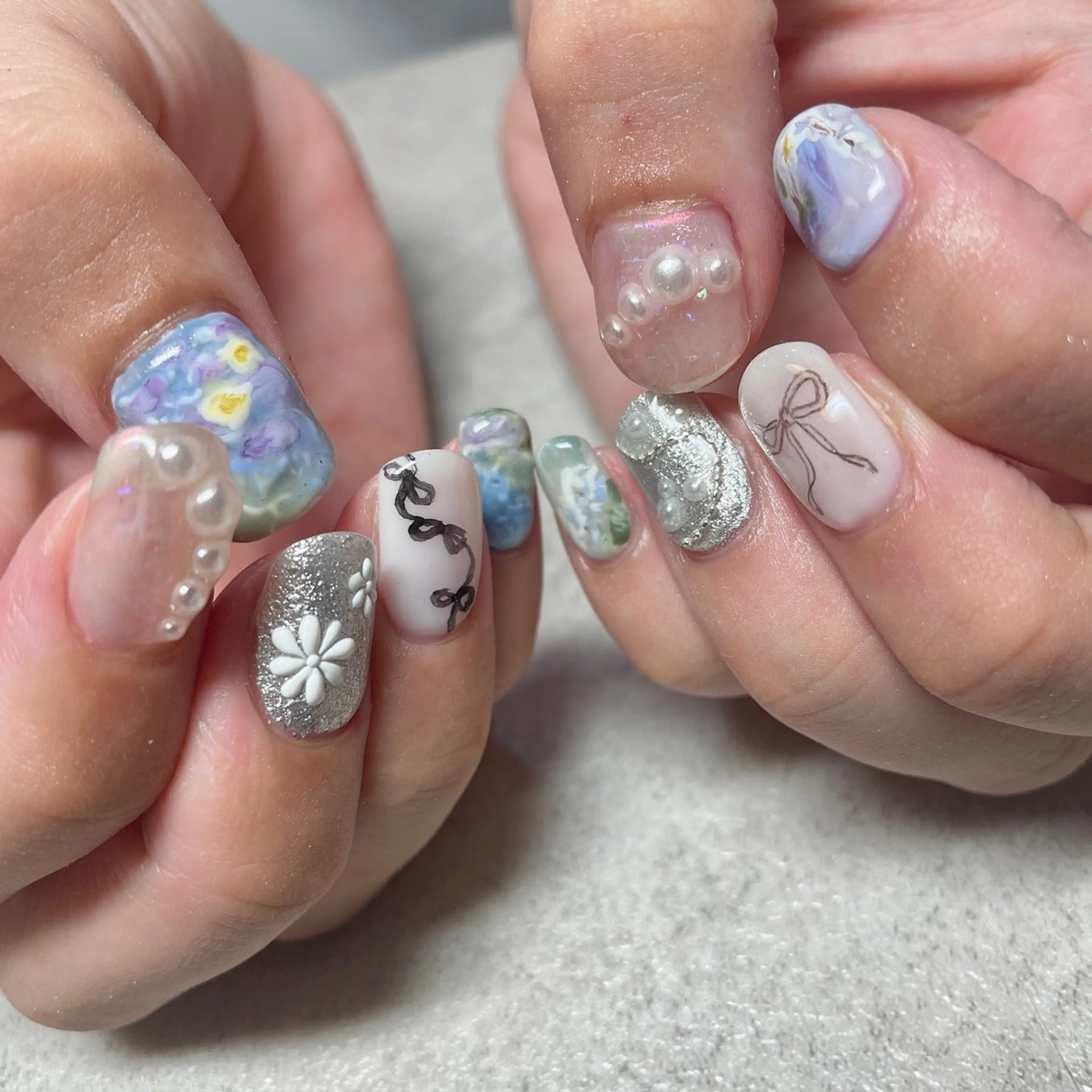 ネイル 韓国ネイル 大理石ネイル(マーブル) ニュアンスネイル リボン ショートネイル ハンドネイル acs.n所属・ネイル,耳つぼ 風間すみれのその他イメージ