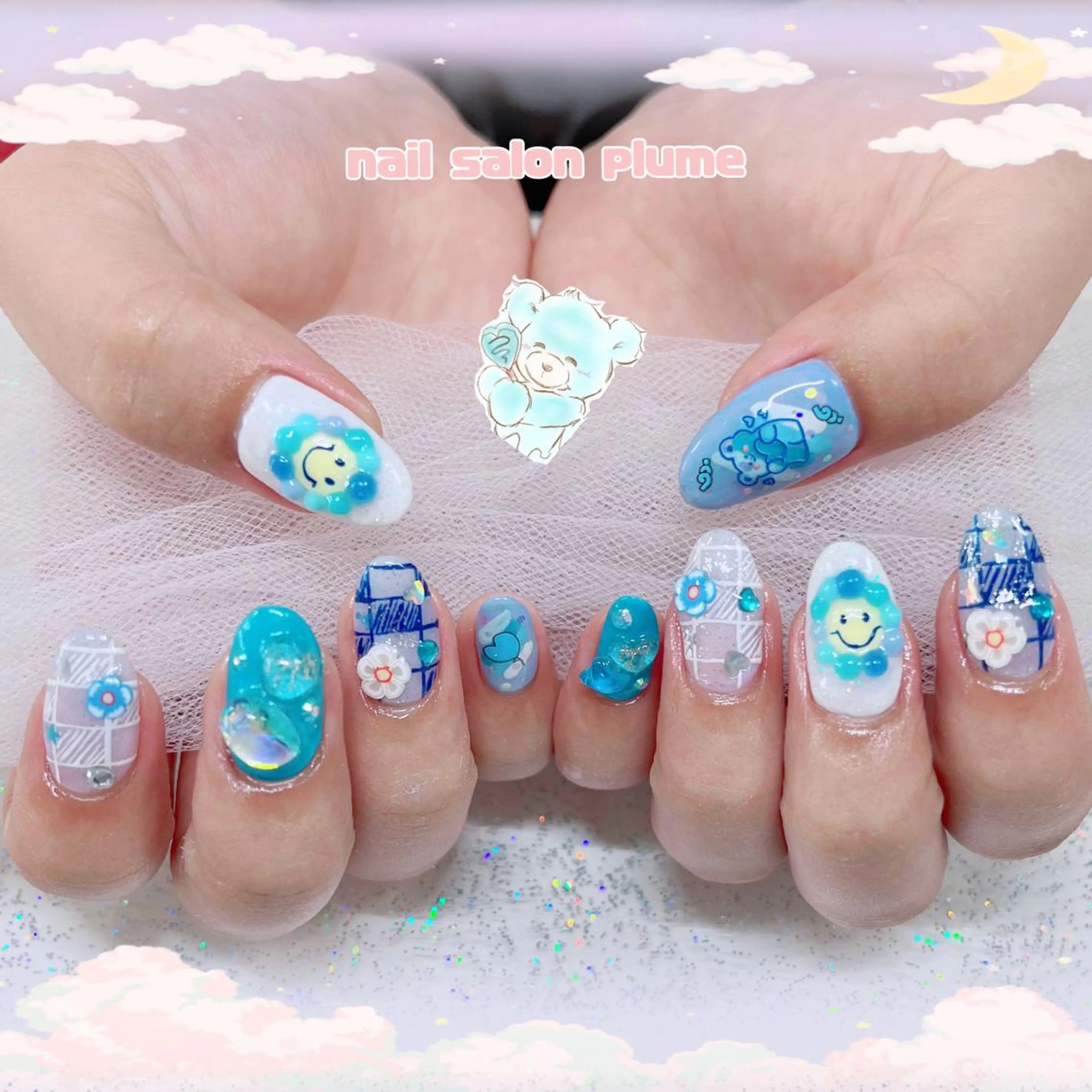 ネイル ブルー キラキラネイル 韓国ネイル ぷっくりネイル 夏ネイル ハンドネイル plume nail ☆韓国ネイルのネイルデザイン