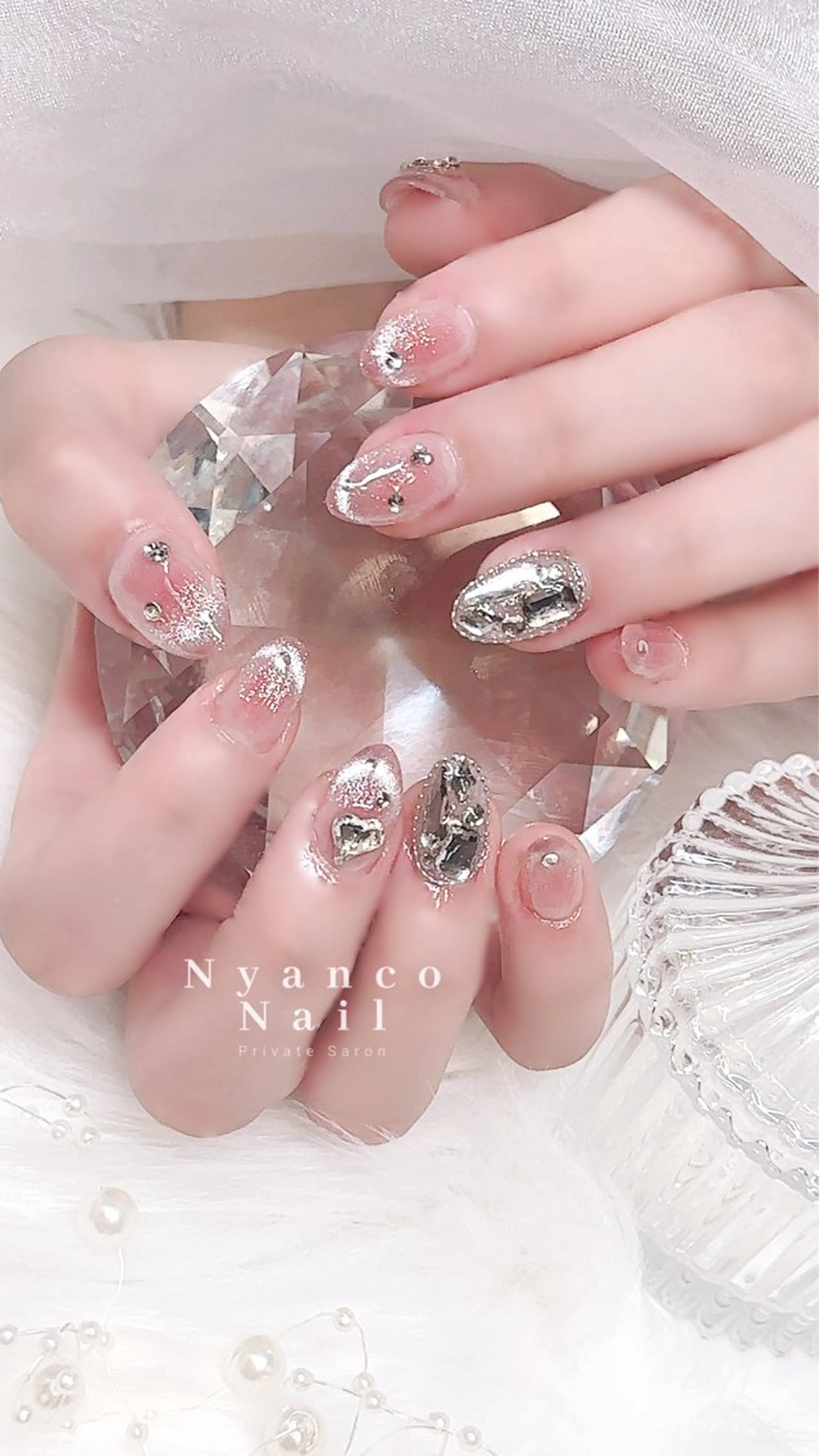 ネイル チークネイル フレンチネイル ジェルネイル ハート 氷ネイル・うるうるネイル Nyanco Nailのネイルデザイン
