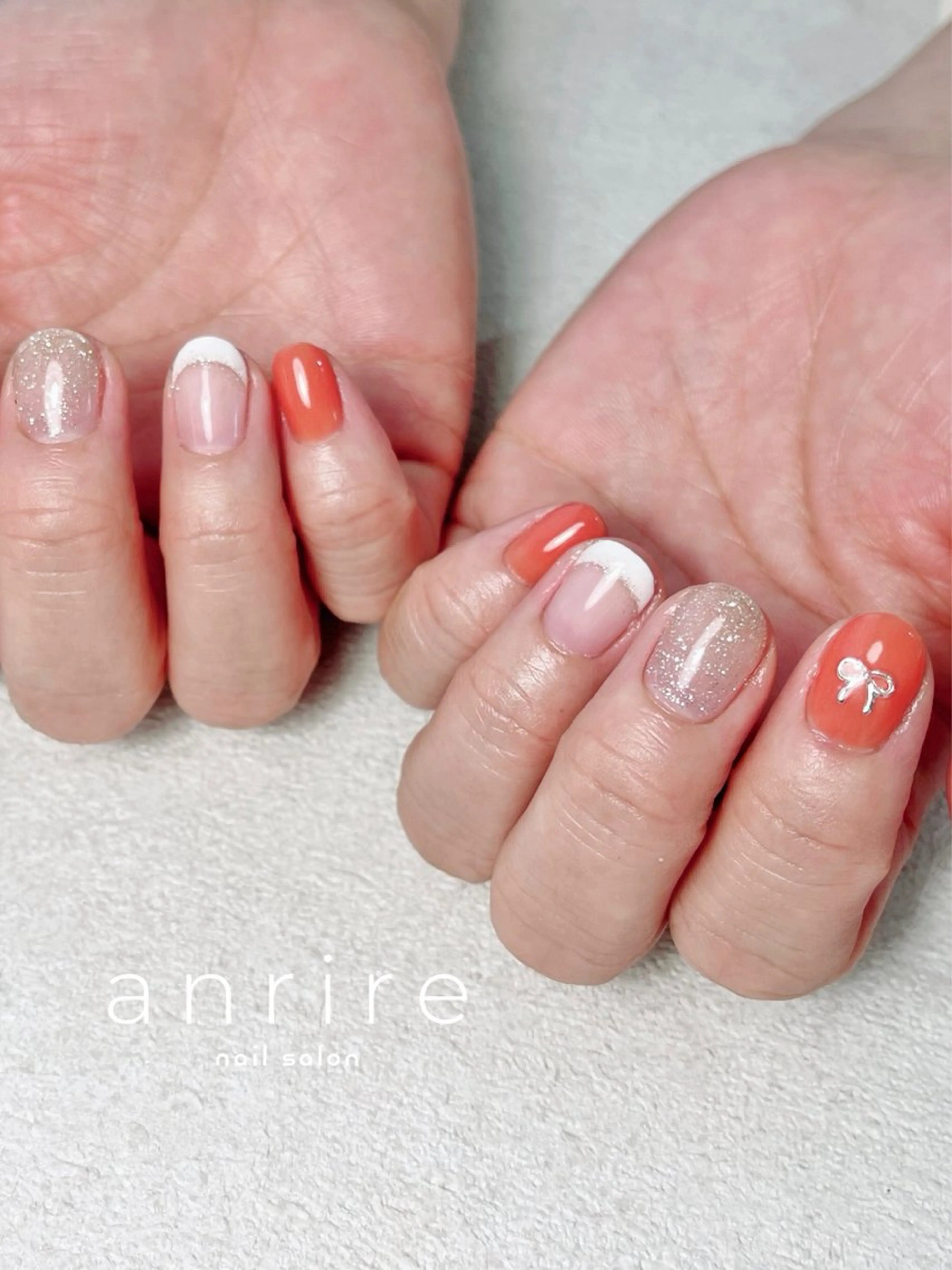 ネイル フレンチネイル ジェルネイル キラキラネイル ラメ(グリッター) オレンジ ハンドネイル nail salon anrire〜アンリール〜所属・nailsalon anrireのネイルデザイン