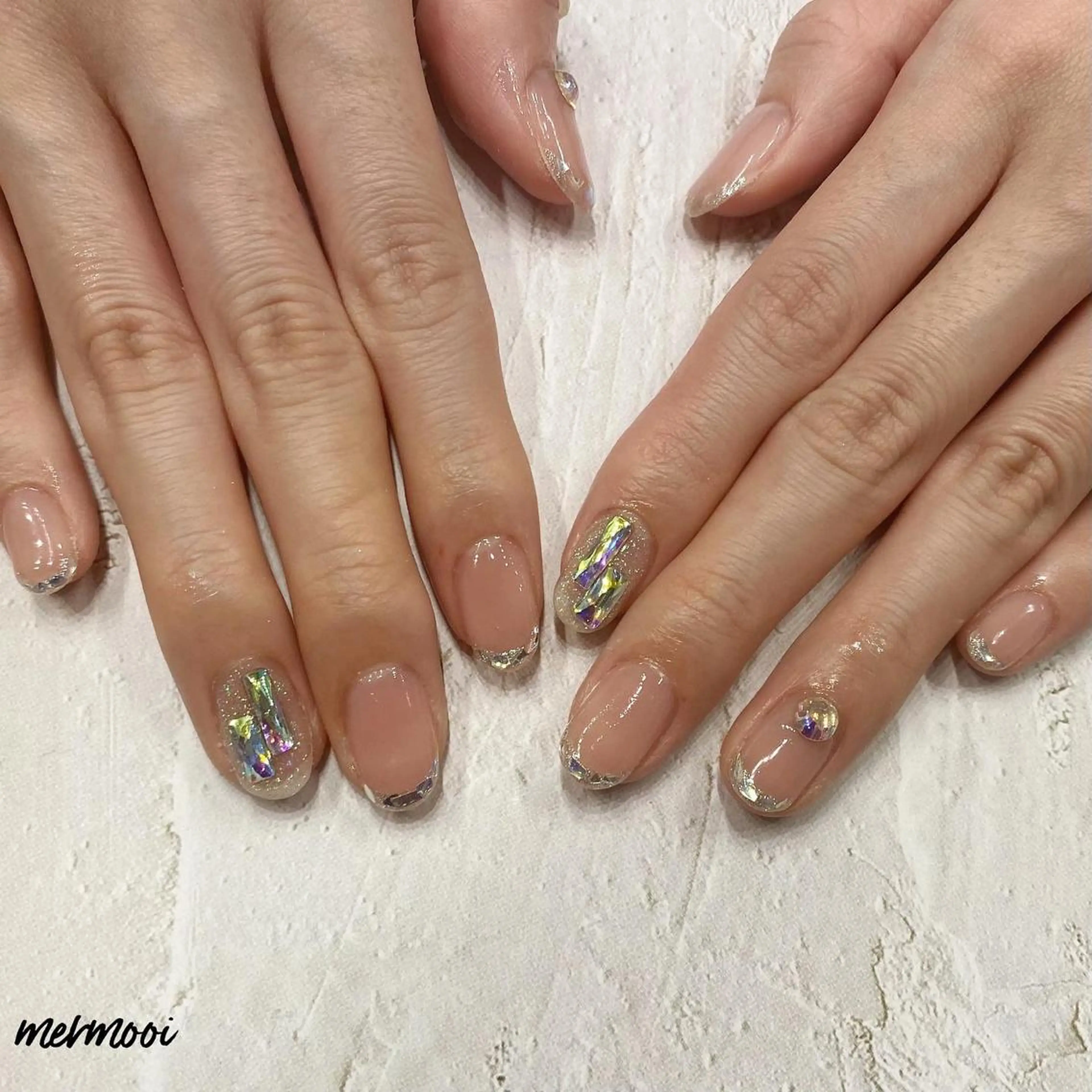 ネイル クリアネイル フレンチネイル ガラスフレンチ キラキラネイル ピンク ハンドネイル mermooi nailのネイルデザイン