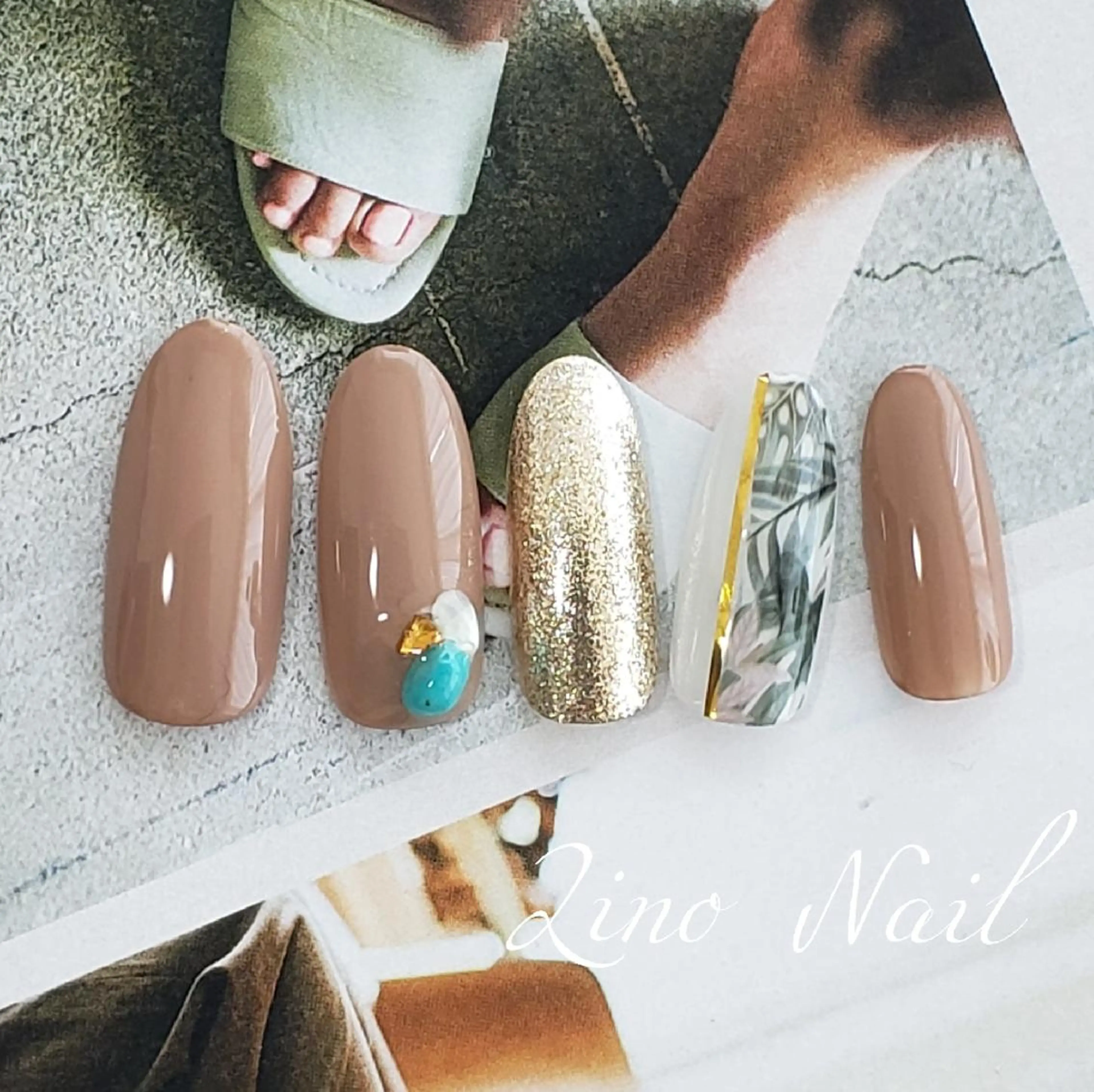 ネイル ブラウン カジュアル ジェルネイル ゴールド ニュアンスネイル ハンドネイル Lino Nailのネイルデザイン