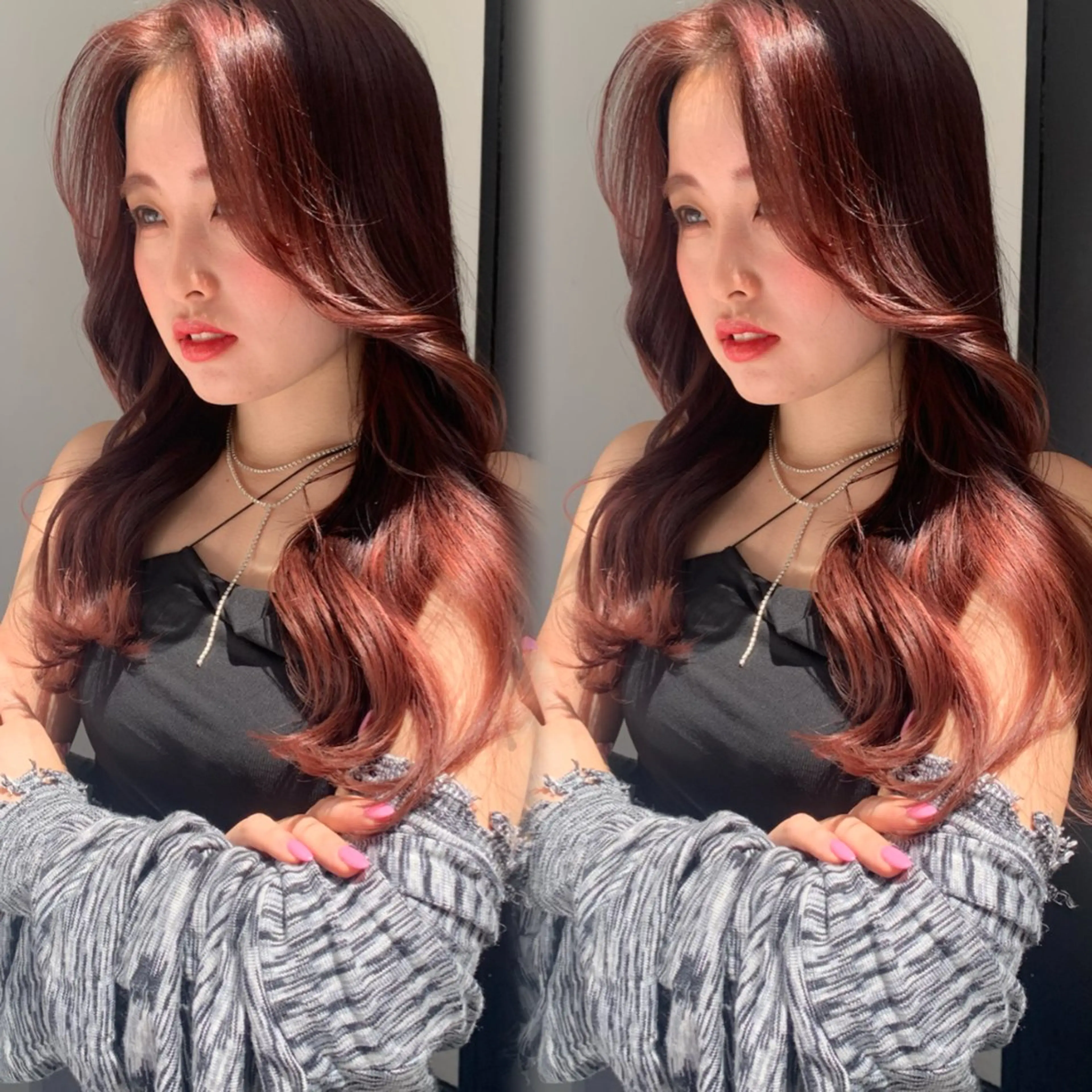 ロング カラー ロングレイヤー ブリーチ ダブルカラー ブリーチなしカラー レッドカラー カット ヘアカラー トリートメント ハッシュカット/韓国 レイヤー/Unaのヘアスタイル