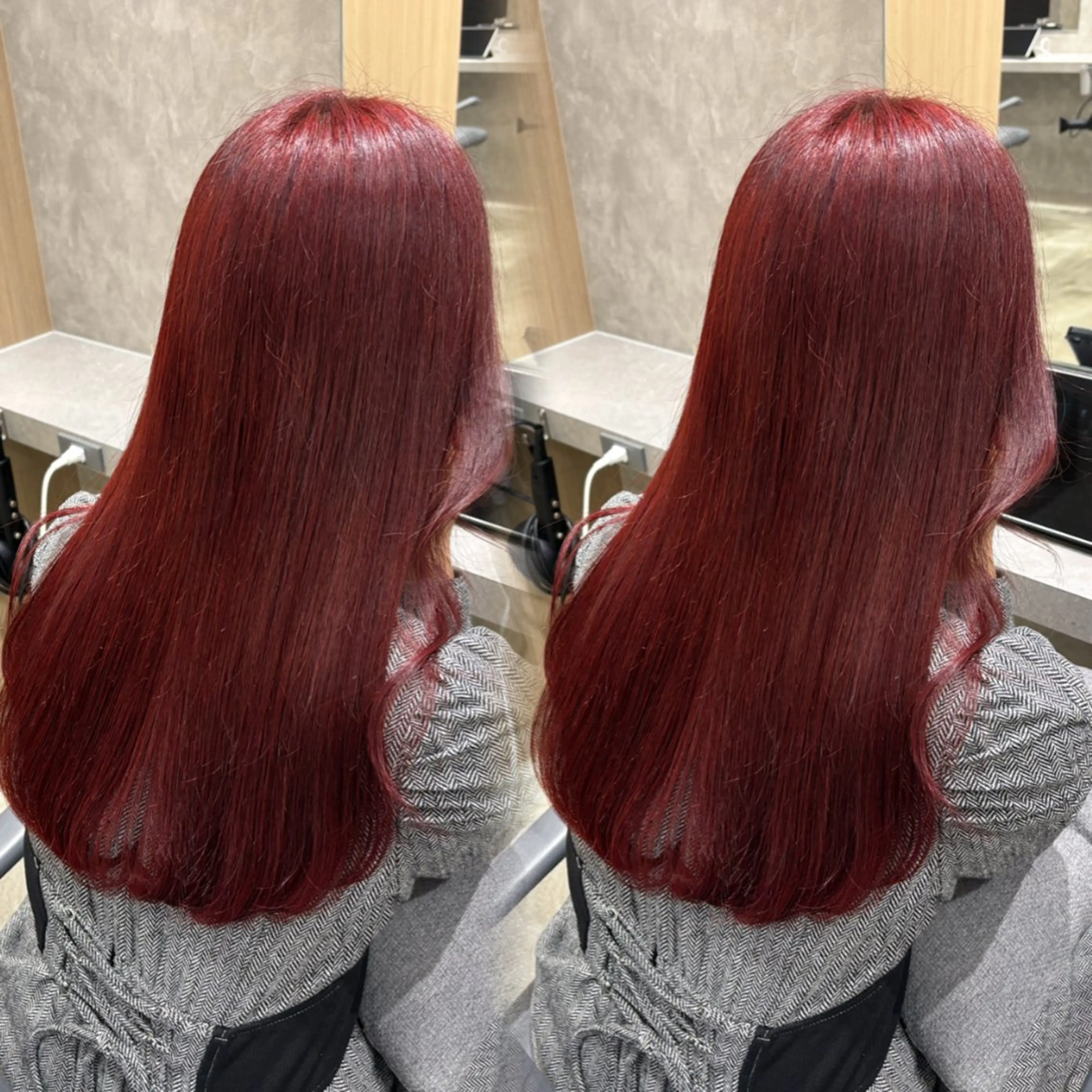 ロング カラー ブリーチ ダブルカラー ブリーチなしカラー レッドカラー ヘアカラー トリートメント ハッシュカット/韓国 レイヤー/Unaのヘアスタイル