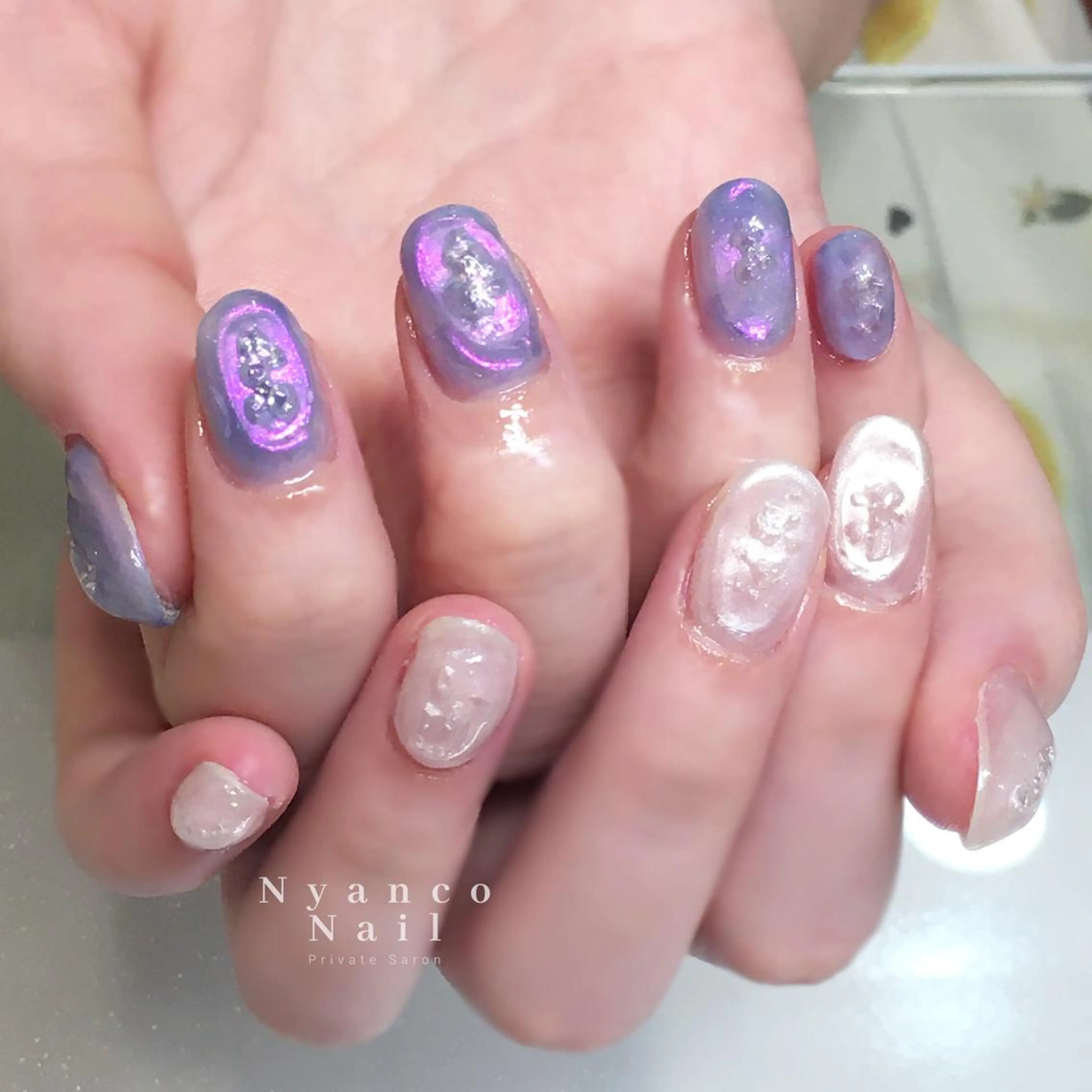 ネイル オーロラネイル ジェルネイル 氷ネイル・うるうるネイル キラキラネイル 夏ネイル Nyanco Nailのネイルデザイン
