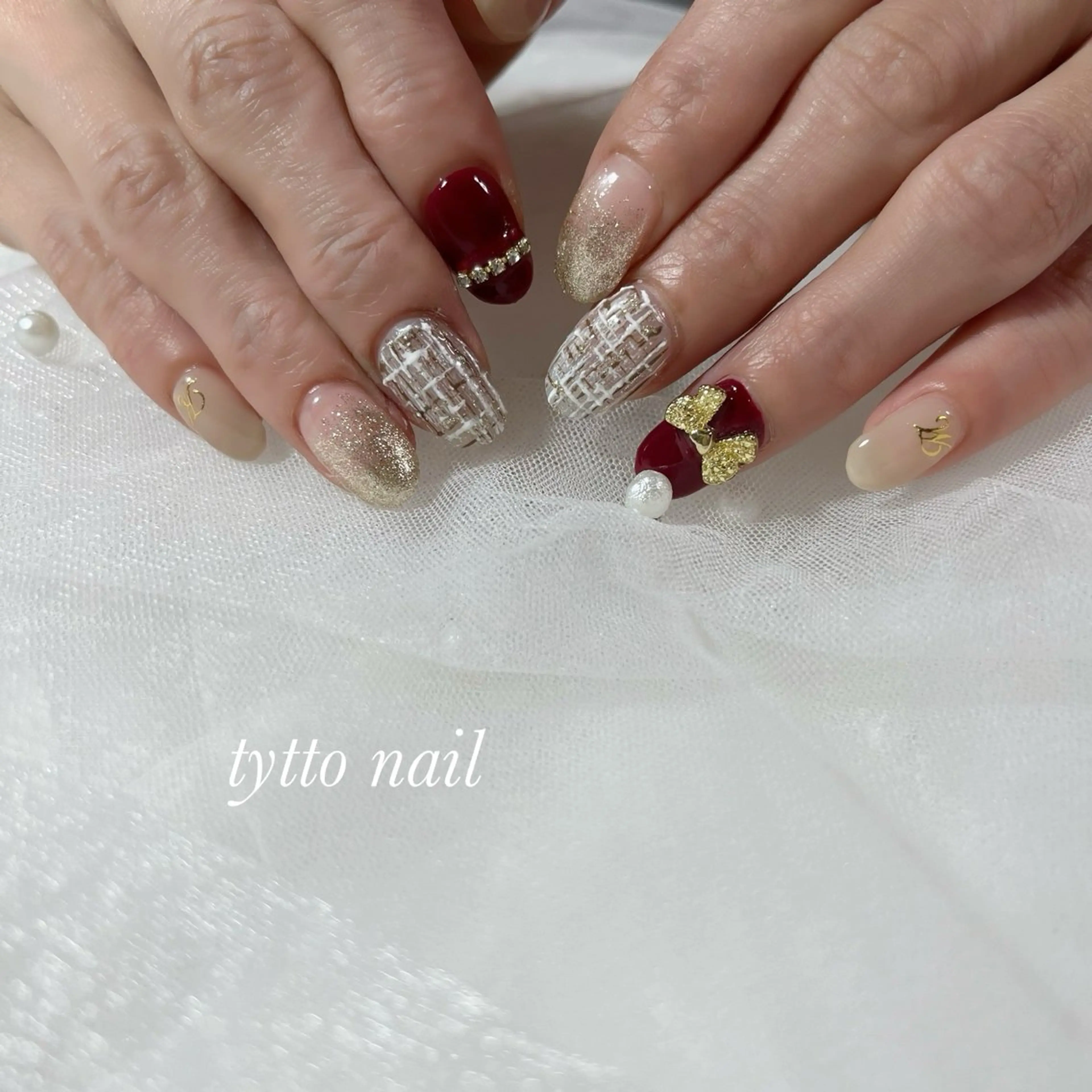 ネイル ボルドー ワンカラーネイル リボン ショートネイル ツイードネイル tytto nail ❤︎‪‪eri‪‪のネイルデザイン